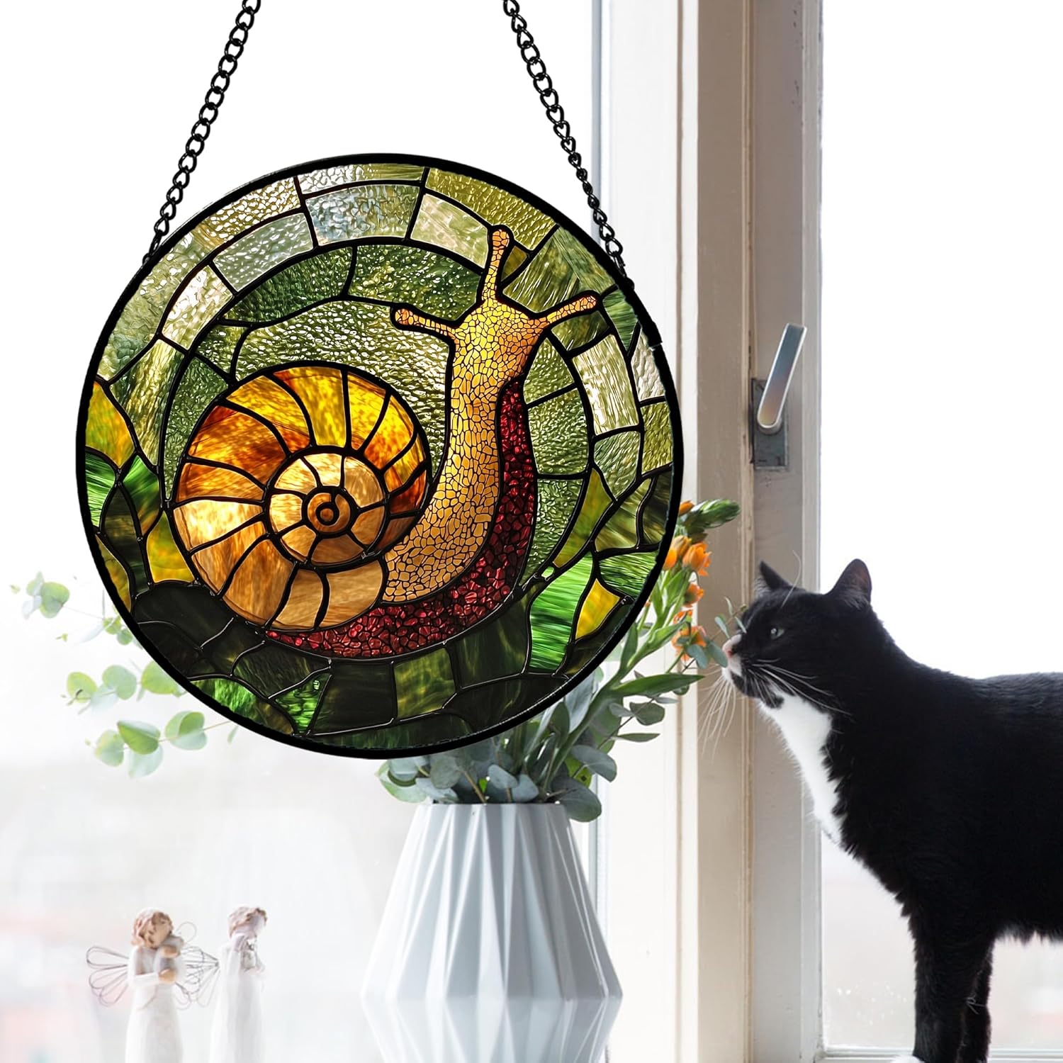 Stained Glass Window Hanging, Green Orange Snail Sun Catcher for Door Home Decor Suncatcher Christmas Mother's Day Birthday Gifts for Women Men Mom and Nana 9.8 in