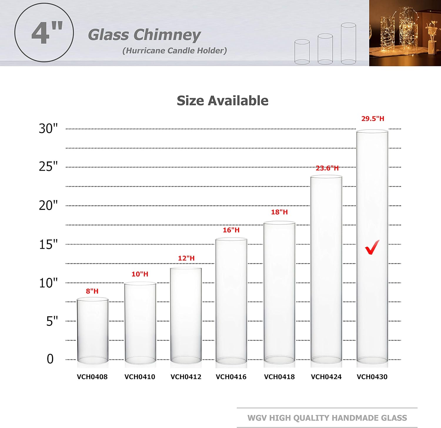 WGVI Hurricane Candle Holder Sleeve, Wide 4", Height 30", Clear Glass Cylinder Candleholder, Chimney Tube, Open Ended Candle Shade, 1 Piece