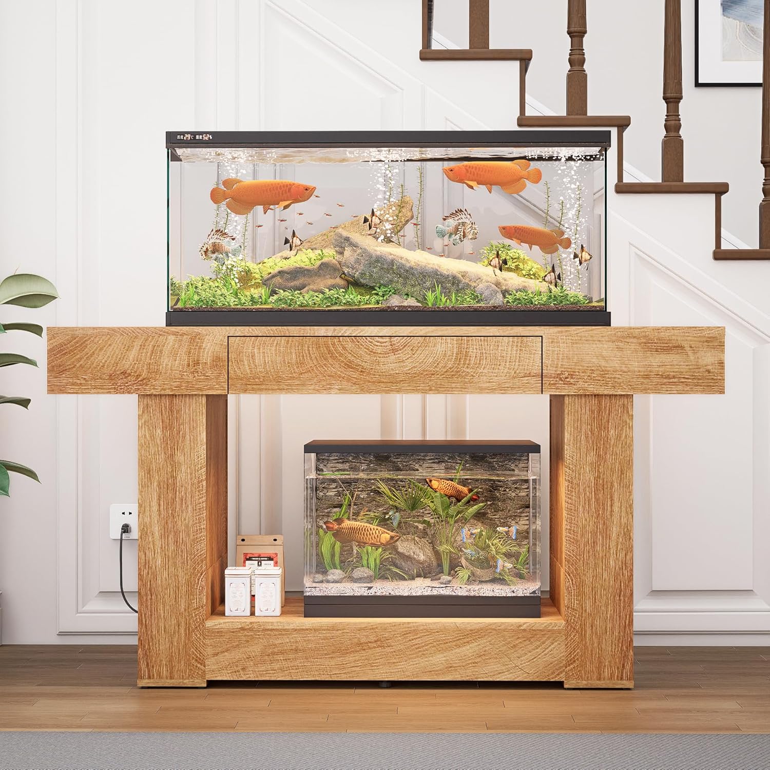 55–75 Gallon Aquarium Stand, Double Fish Tank Table with Power Outlets&USB Heavy Duty MDF Board&Metal Frame Holds 2 Tanks for Fish,Turtle, Reptile,Amphibian Terrariums, Farmhouse Style(Natural)