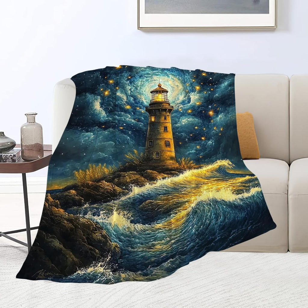 Lighthouse Blanket Nautical Coastal Lighthouse Starry Night Throw Blankets Gifts for Girls Boys Kids Soft Cozy Fleece Plush for Couch Sofa Bed 50"x40"