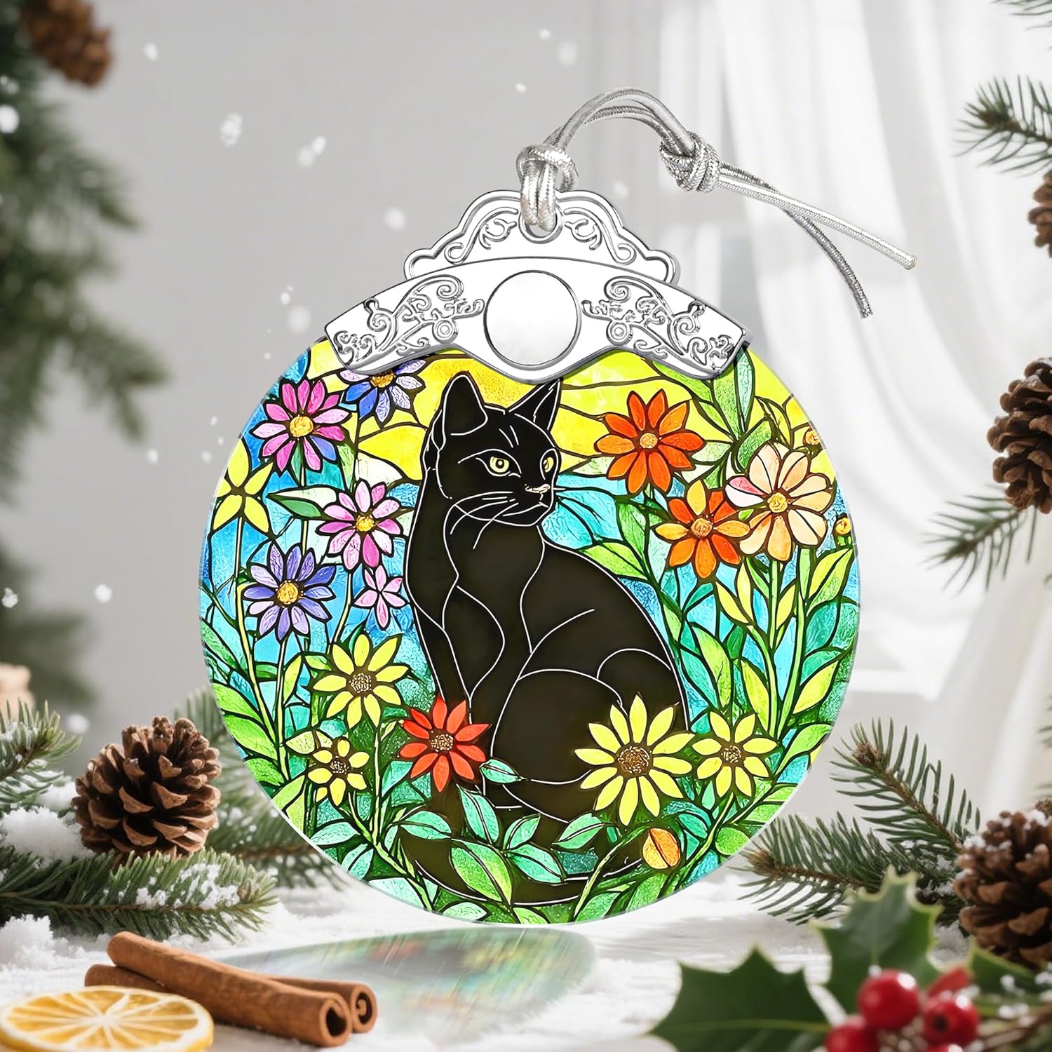 Christmas Ornament, Christmas Tree Ornaments, Keepsake Ornaments, Holiday Decor, Holiday & Xmas Gifts, Gifts for Cat Lovers & Flower Lovers - Black Cat-Theme