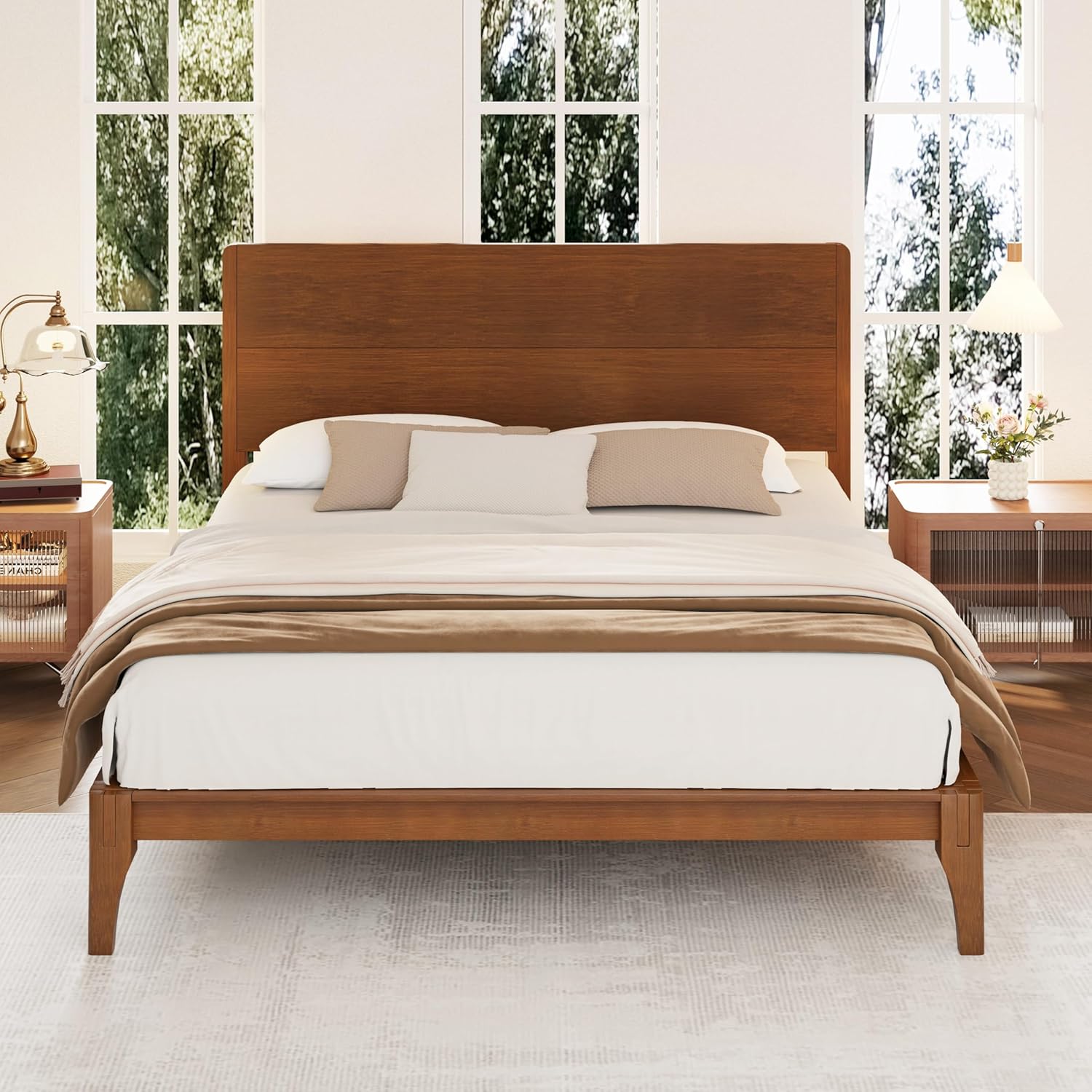 Merax Mid Century Full Size Bed Frame with Headboard, Bamboo Wood Platform Bed with Wood Slat, Heavy Duty Steel Center Beam for Support, Under Bed Storage, No Box Spring Needed, Brown