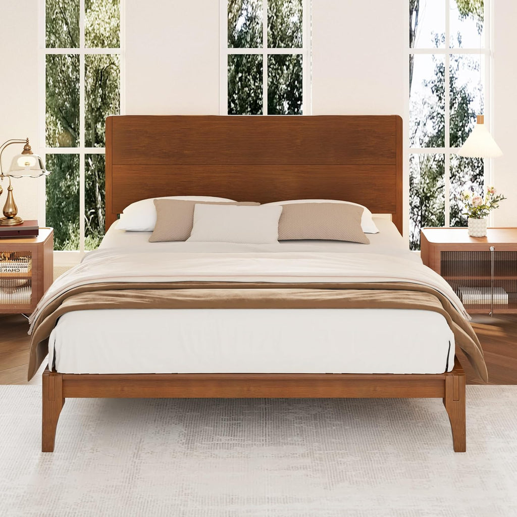 Merax Bamboo Wood King Size Bed Frame with Headboard, Mid Century King Platform Bed Frame with Wood Slat, Heavy Duty Steel Center Beam for Support, Under Bed Storage, No Box Spring Needed, Brown