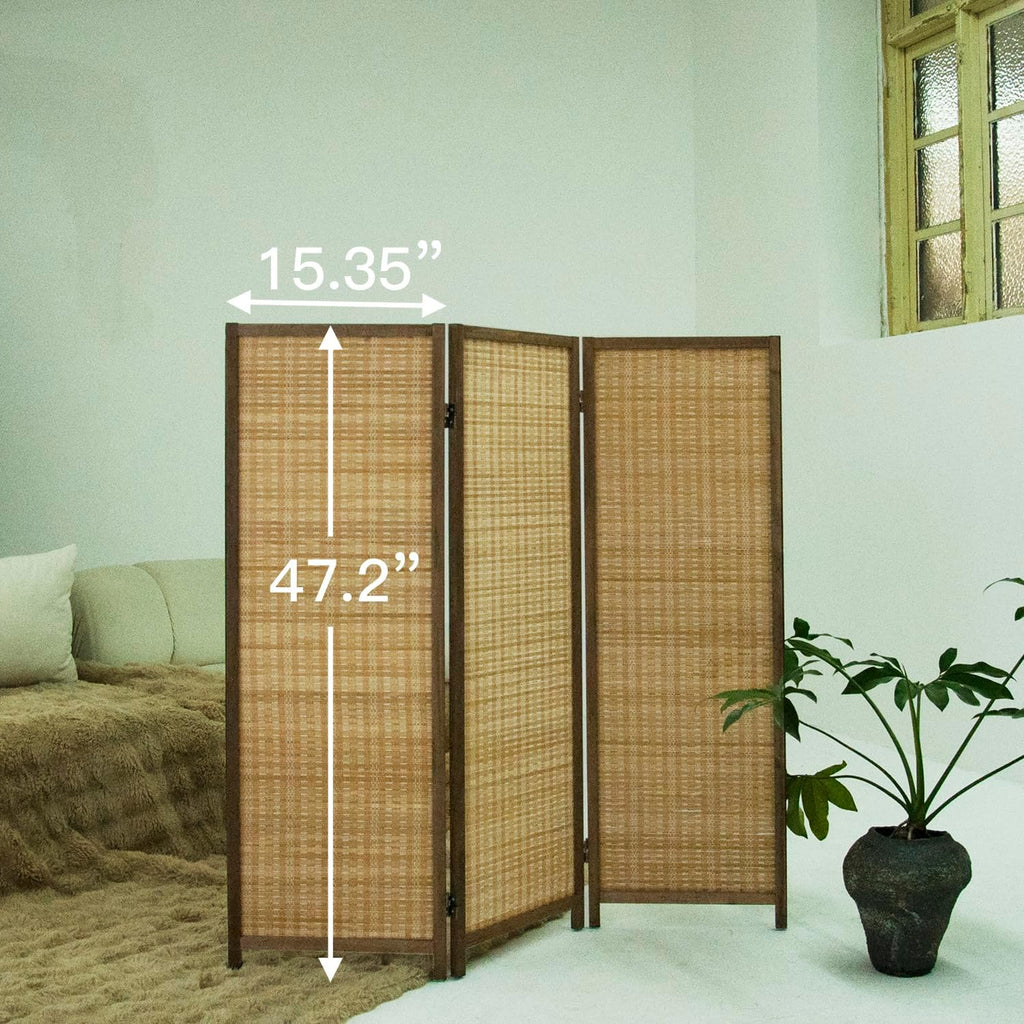 3 Panel Short Room Divider Folding Screen,47 inch Bamboo Panel Divider for Home Partition,Brown