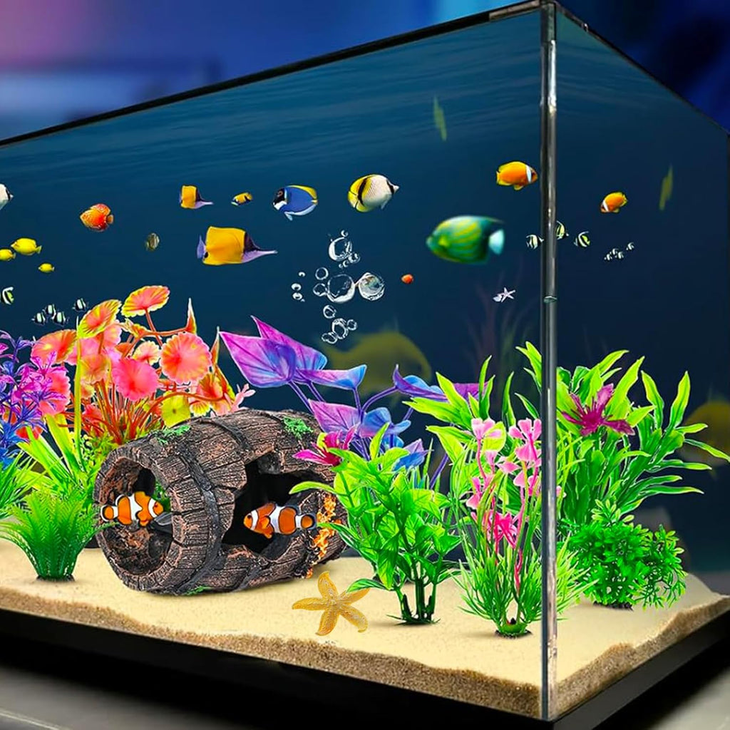 Fish Tank Decoration for Aquarium Tank, Betta Fish Tank Accessories Starfish Barrel x 1pc, Aquarrium Decor Aquatic Plants x 4pcs, Aquarium Decor Starfish x 1pcs.