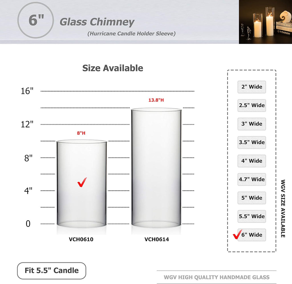 WGVI Hurricane Candle Holder Sleeve, Wide 6", Height 10", Clear Glass Cylinder Candleholder, Chimney Tube, Open Ended Candle Shade, 6 Pieces Bulk