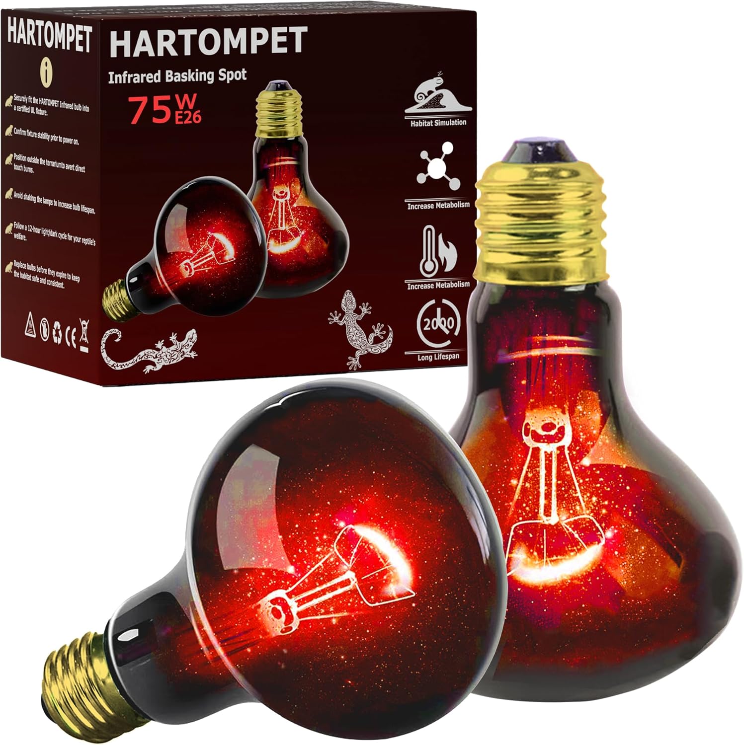 75W UVA Infrared Heat Lamp Bulb, Red Basking Spot Light for Lizard, Leopard Gecko, Turtle, and Chicks, High-Performance Red Heat Emitter for Reptile Tanks, Chicken Brooders & Terrariums