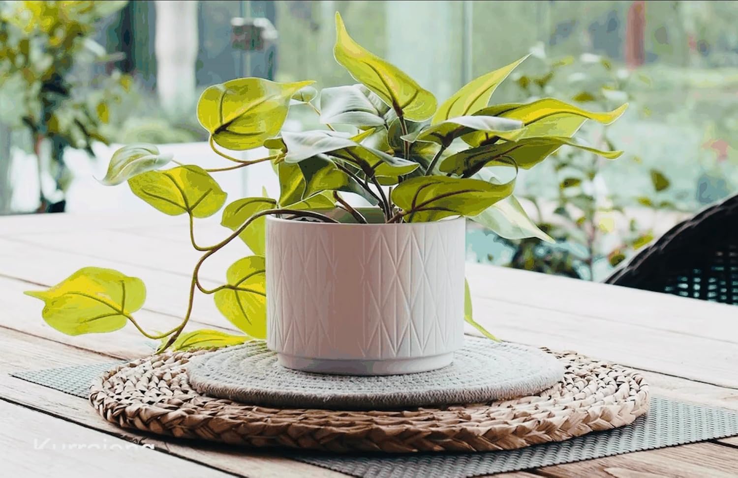 Kurrajong Farmhouse Light Green Fake pothos Plant | Fake Plant for Shelf Decor | Artificial Trailing Ivy Plant with 5" Wide x 3.5" high Ceramic Pot | Faux pothos | Feaux Pothos