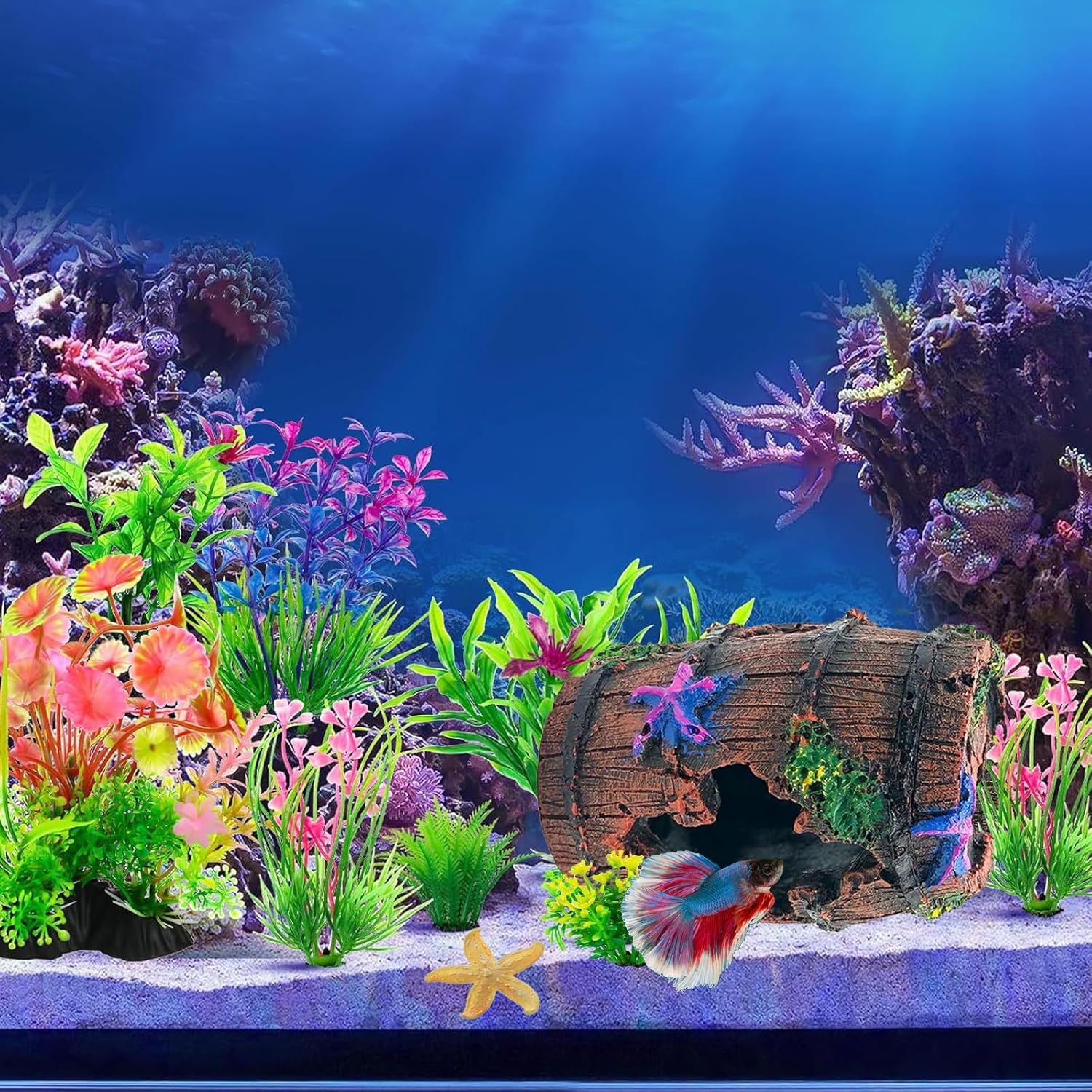 Fish Tank Decoration for Aquarium Tank, Betta Fish Tank Accessories Starfish Barrel x 1pc, Aquarrium Decor Aquatic Plants x 4pcs, Aquarium Decor Starfish x 1pcs.