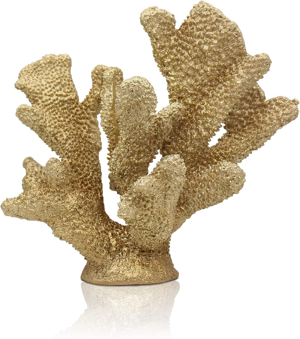 Gold Coral Decor Faux Artificial Coral Reef Resin Nautical Decoration Tabletop Home Living Room Decor (7.8in Tall)