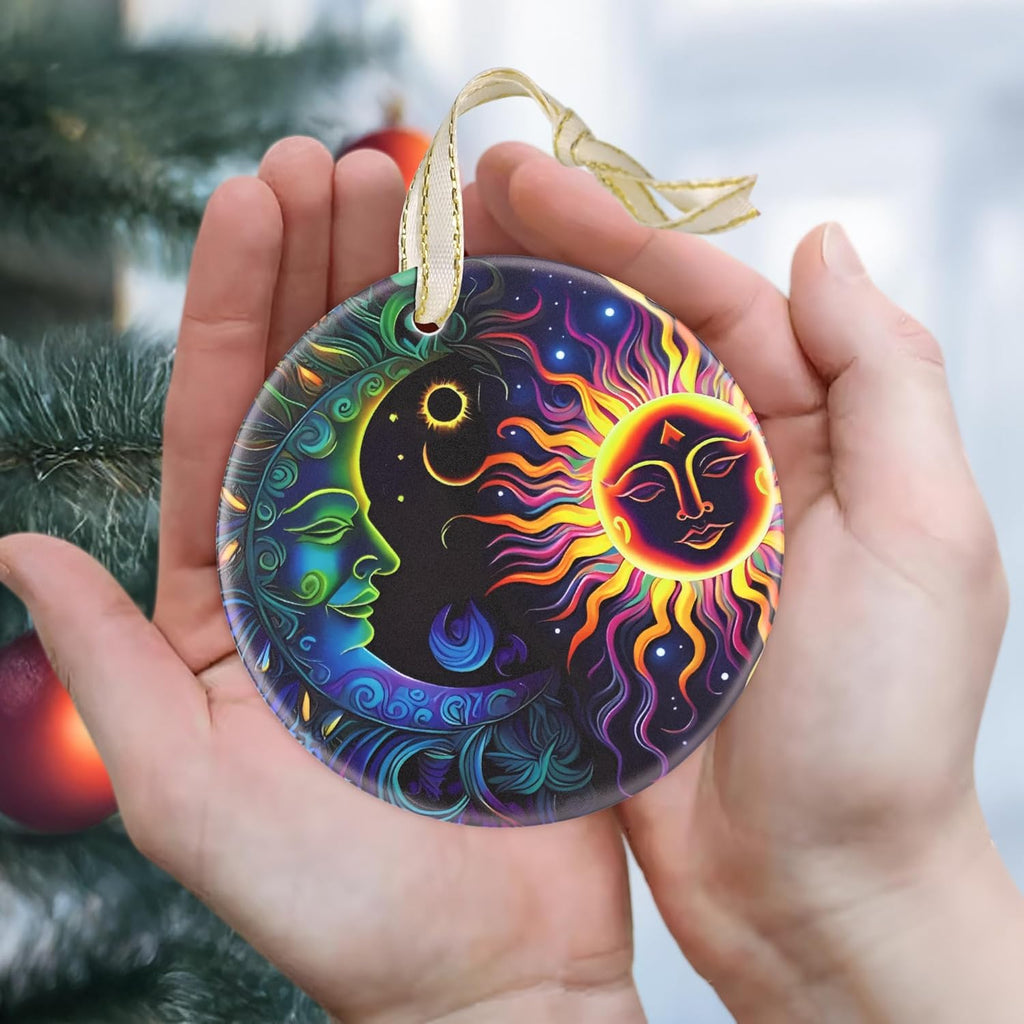 2025 Sun and Moon Christmas Ornament - Round Ceramic Tree Decoration, Holiday Decor, Gift Idea for Friends, Christmas Exchange