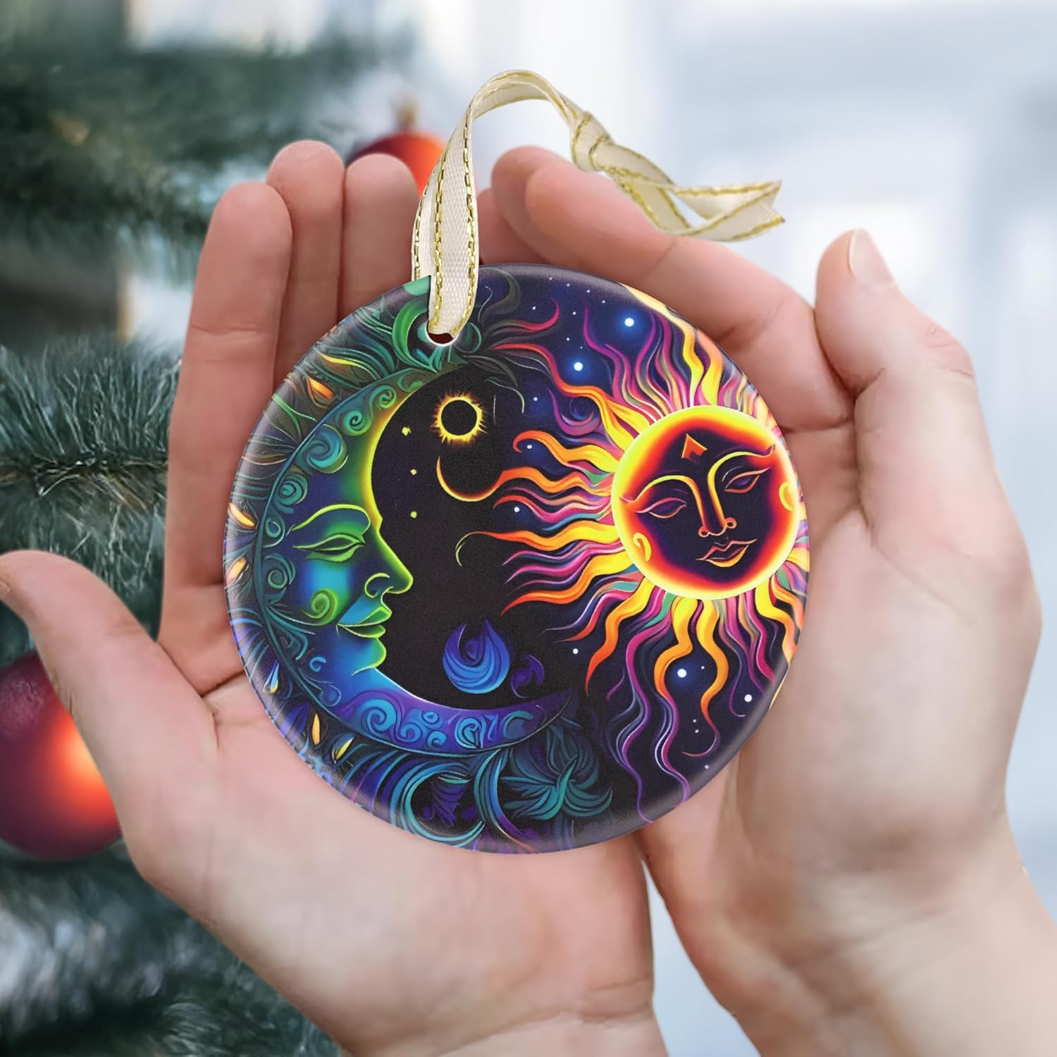 2025 Sun and Moon Christmas Ornament - Round Ceramic Tree Decoration, Holiday Decor, Gift Idea for Friends, Christmas Exchange