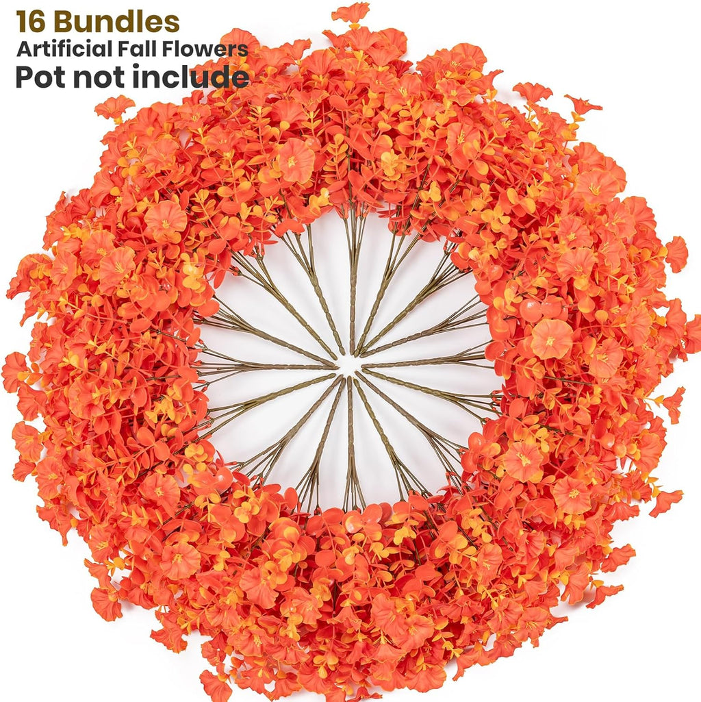 Artificial Faux Flowers for Outdoor 16 Bundles Boxwood Fake Morning Glory for Planter,UV Resistant Fake Flowers for Home Porch Patio Outside (Fall Red)