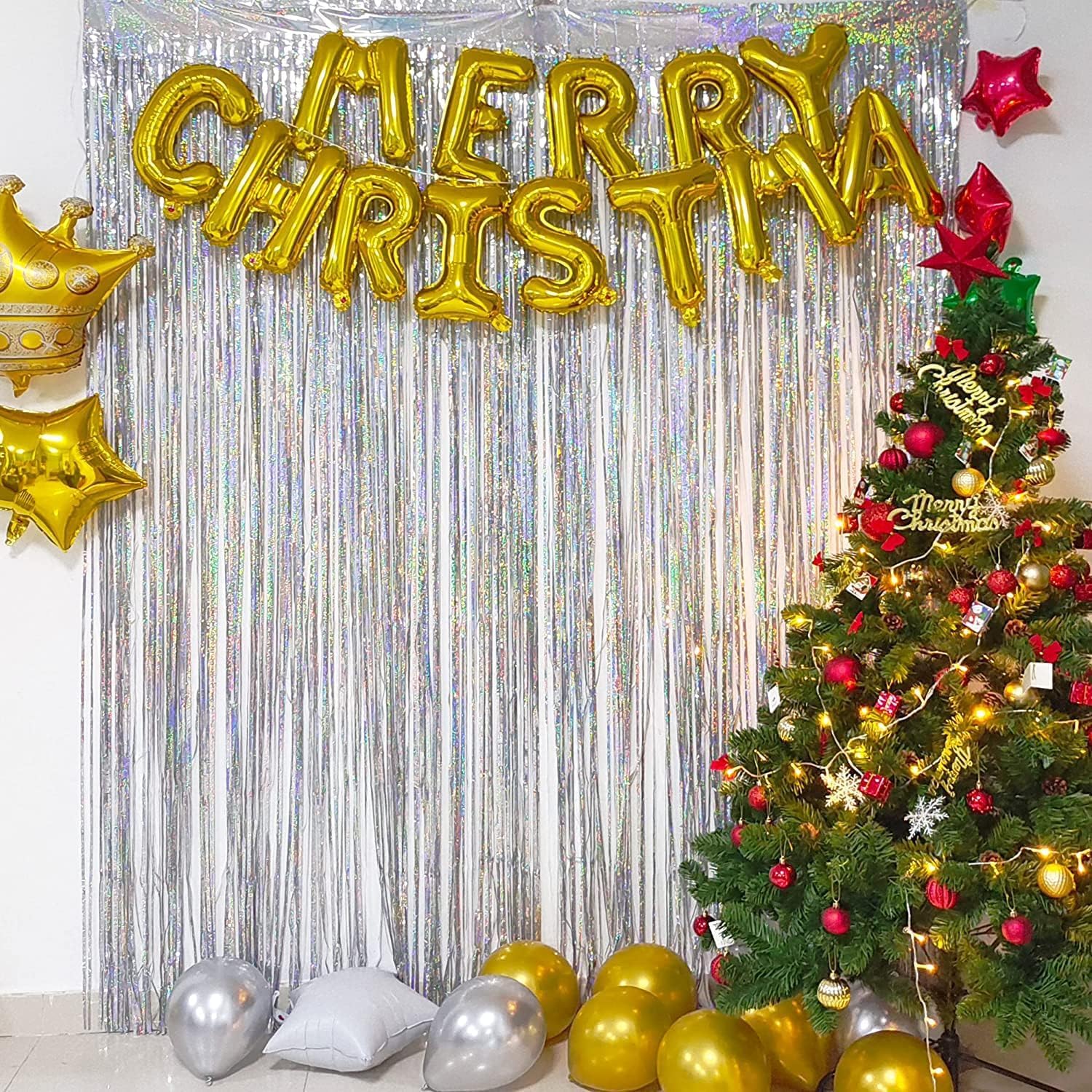 BRAVESHINE Silver Streamers Party Backdrop - 2Pcs 3.2x8.2ft Tinsel Foil Fringe Curtain for Christmas/New Years/Birthdays/Bachelorette/Anniversary/Engagement/Dance Ball/Winter’s Snowflake Decorations