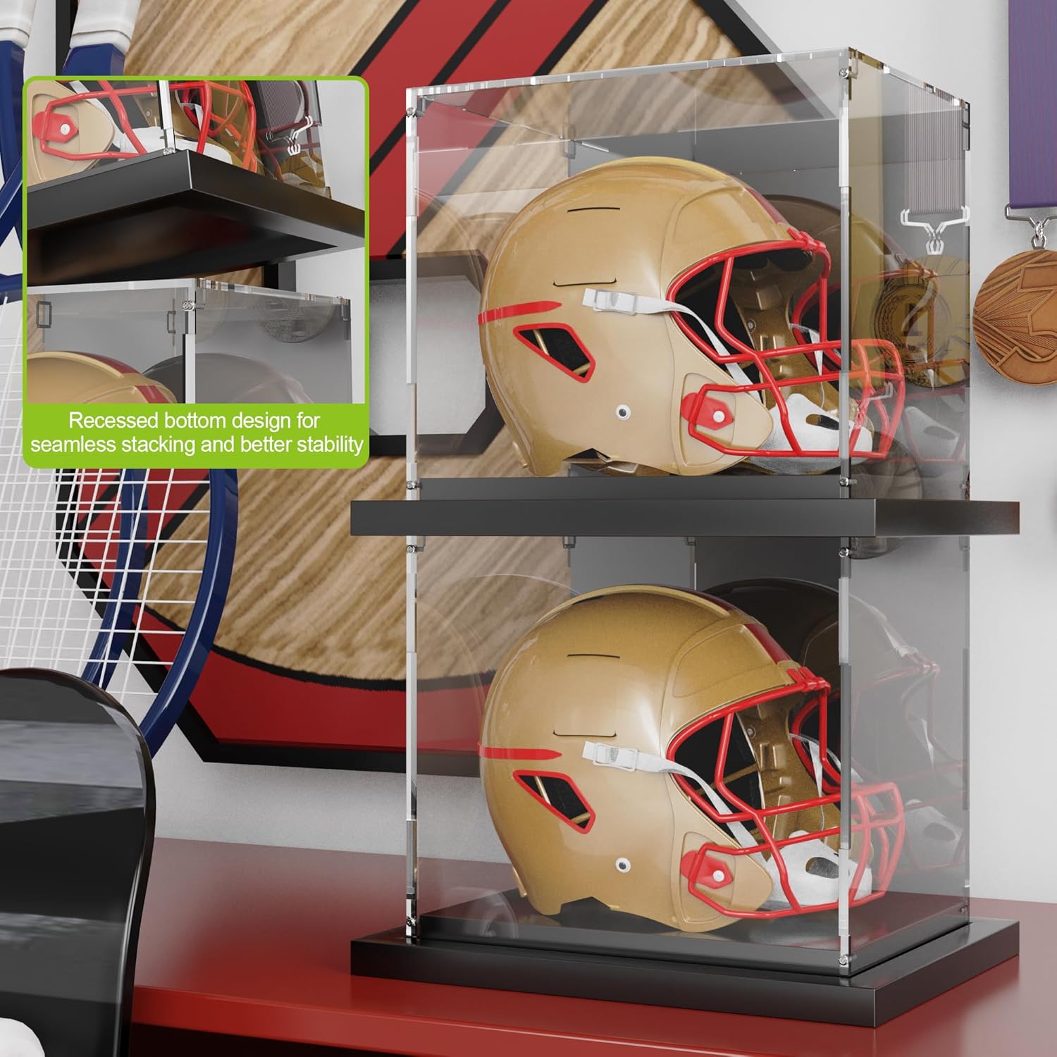 Putros Mini Helmet Display Case with Mirror and Black Metal Grooved Base Clear Acrylic Mini Football Helmet Showcase for Memorabilia Sports Collectibles