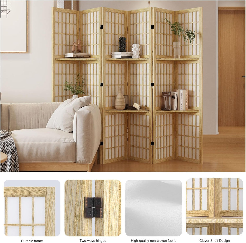 Room Divider with Shelves, 66.9-Inch Tall Japanese Shoji Style Wood Screen with Double Hinges for Home Office Bedroom Hotel Decoration (6 Panels, Natural)