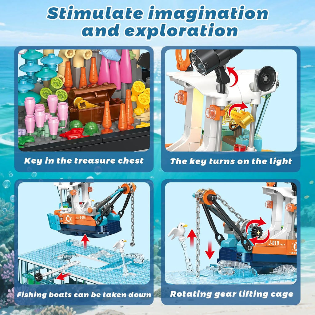 Fish Tank Building Blocks Set, Aquarium Building Set with LED Lights, Including Ocean Shark, Jellyfish, Fishing Boat, STEM Gift for Kids Boys Girls Age 8-12+ and Adults(830PCS)