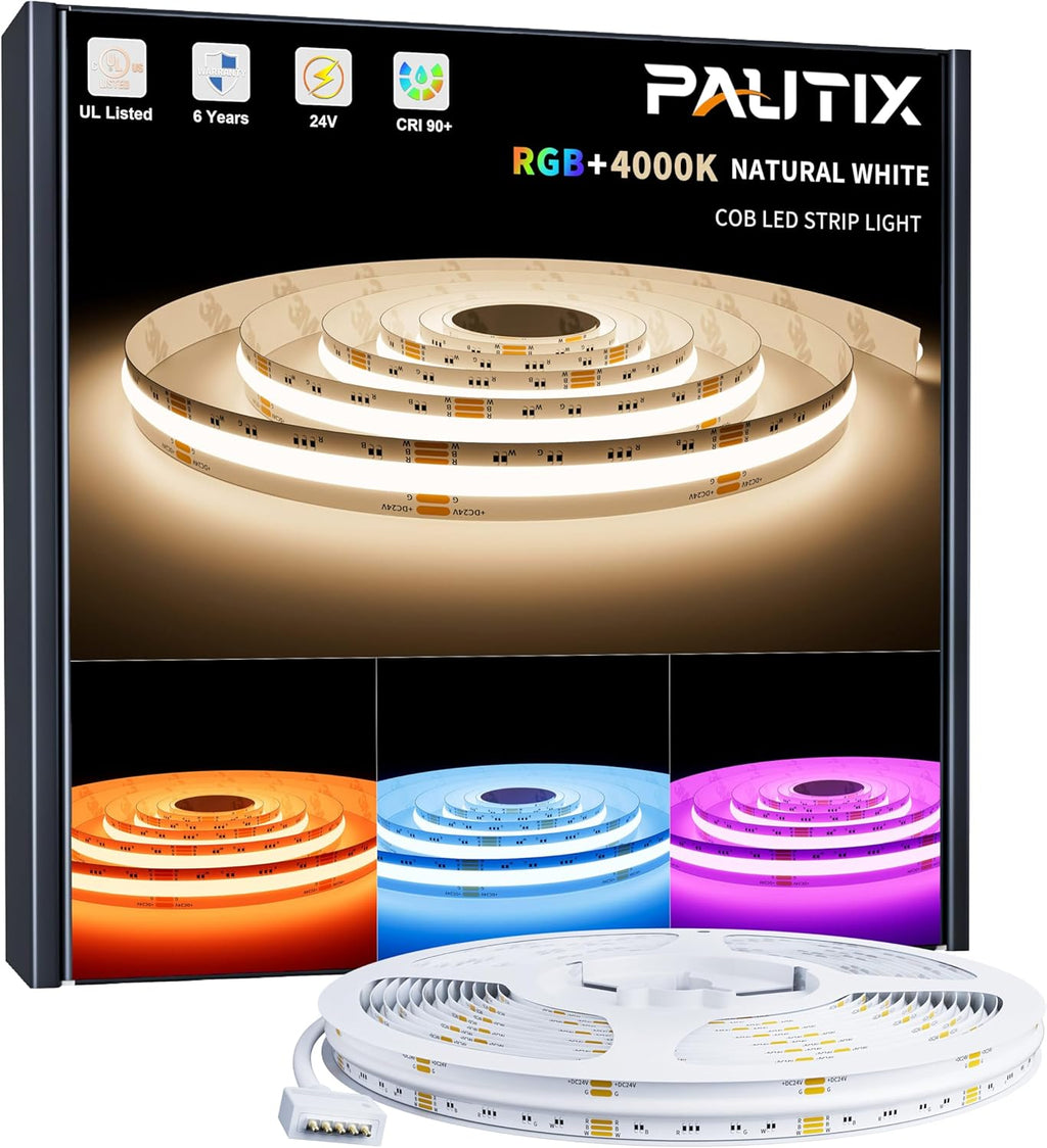 PAUTIX RGBW 4000K COB LED Strip Light 24ft/7.5m,UL Listed 24V Color Changing Tape Lights with 896LEDs/m Multicolor Flexible for TV,Bedroom,Party DIY Decoration(Power Supply & Controller Not Included)