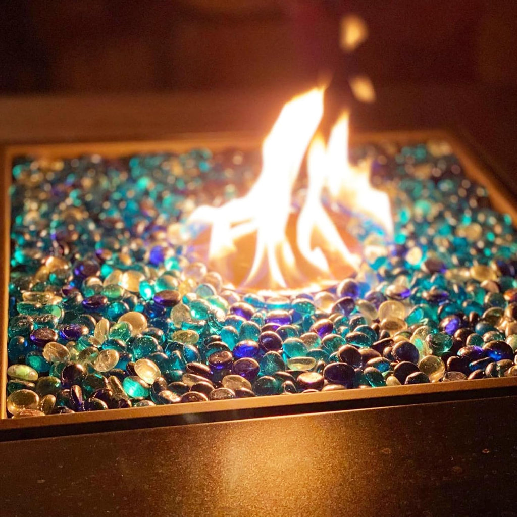 Skyflame 10-Pound Blended Fire Glass Beads for Fire Pit Fireplace Landscaping, 1/2-Inch Cobalt Blue, Crystal Ice, Caribbean Blue Luster