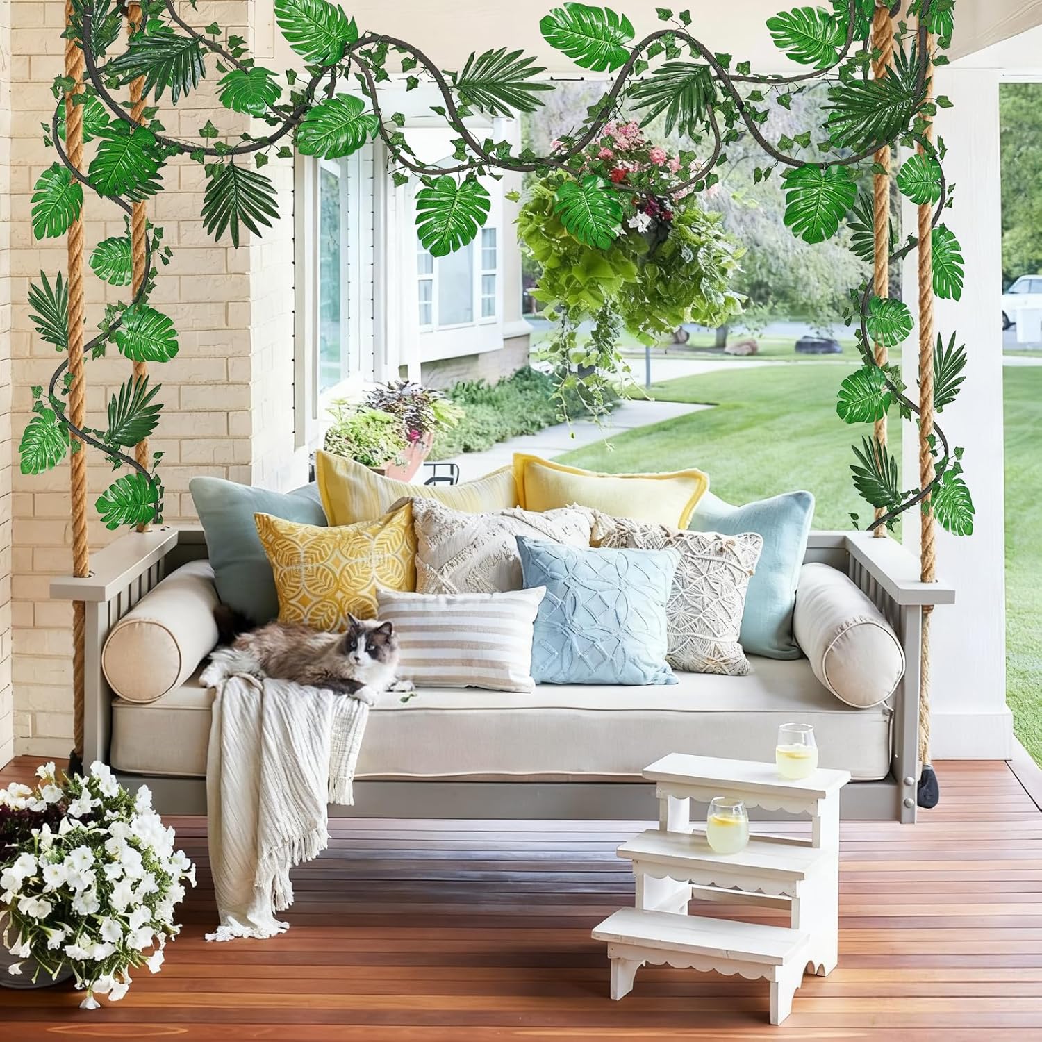 TOCHGREEN 2Pcs 9ft Jungle Theme Party Decorations Artificial Rattans 5 Ivy Fake Vines Tropical Rainforest Leaves Safari Plants with 30Pcs Tropical Palm Leaves for Indoor Outdoor Garden Party Decor