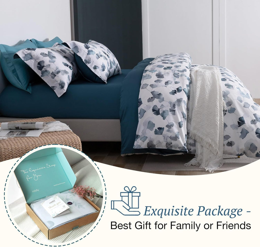 MILDLY 100% Long-Staple Cotton Duvet Cover Set Light Navy Ginkgo Leaf Pattern Printed Comforter Cover 3pcs, Ultra Soft & Breathable Bedding Set