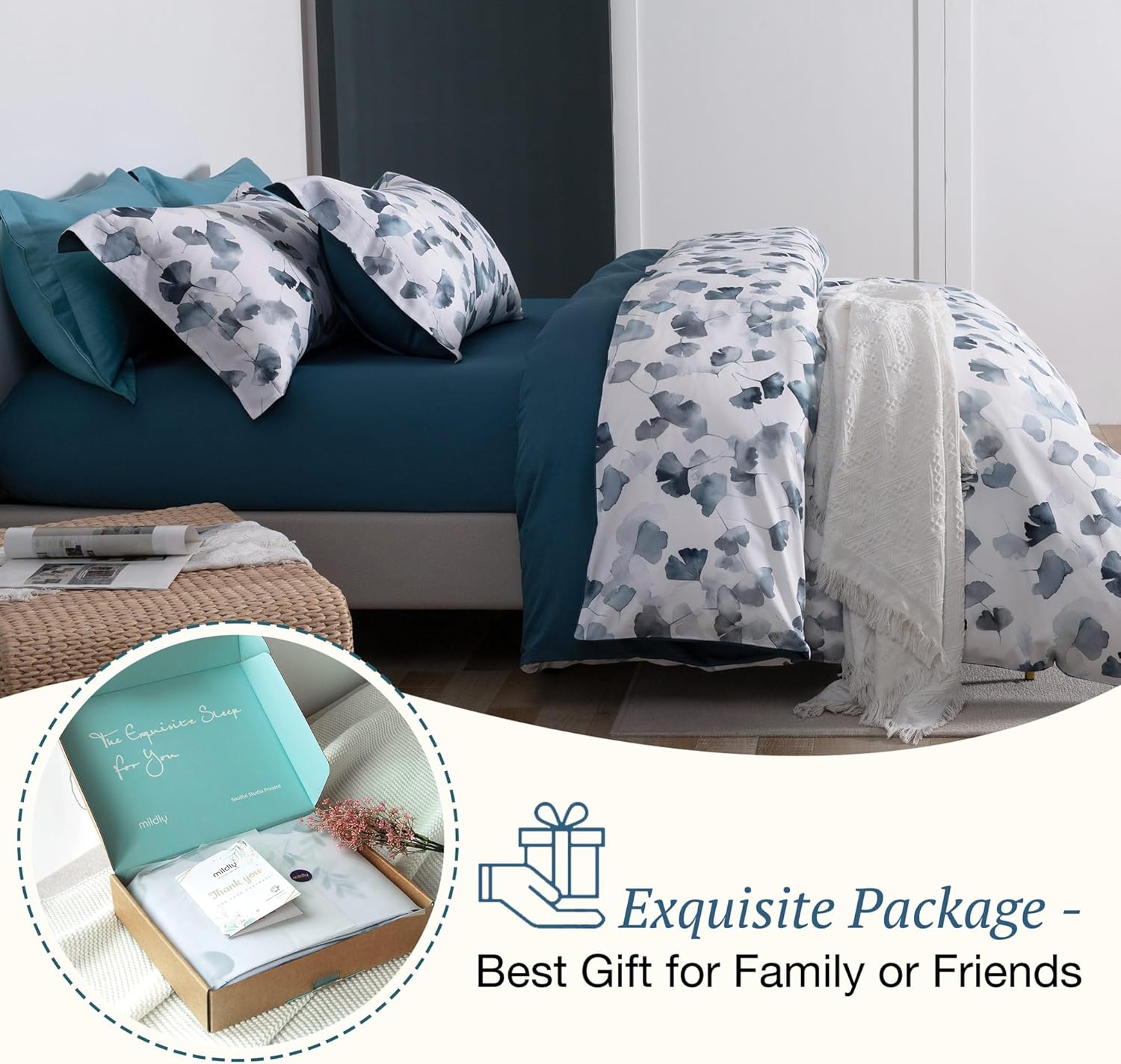 MILDLY 100% Long-Staple Cotton Duvet Cover Set Light Navy Ginkgo Leaf Pattern Printed Comforter Cover 3pcs, Ultra Soft & Breathable Bedding Set