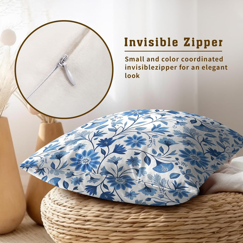 Boho Chic Blue Floral Throw Pillow Covers Set of 2 Ultra-Soft All-Season Pillow Shams with Hidden Zipper,Durable for Sofa Bed Car Decor & Gift Luxury 18x18IN