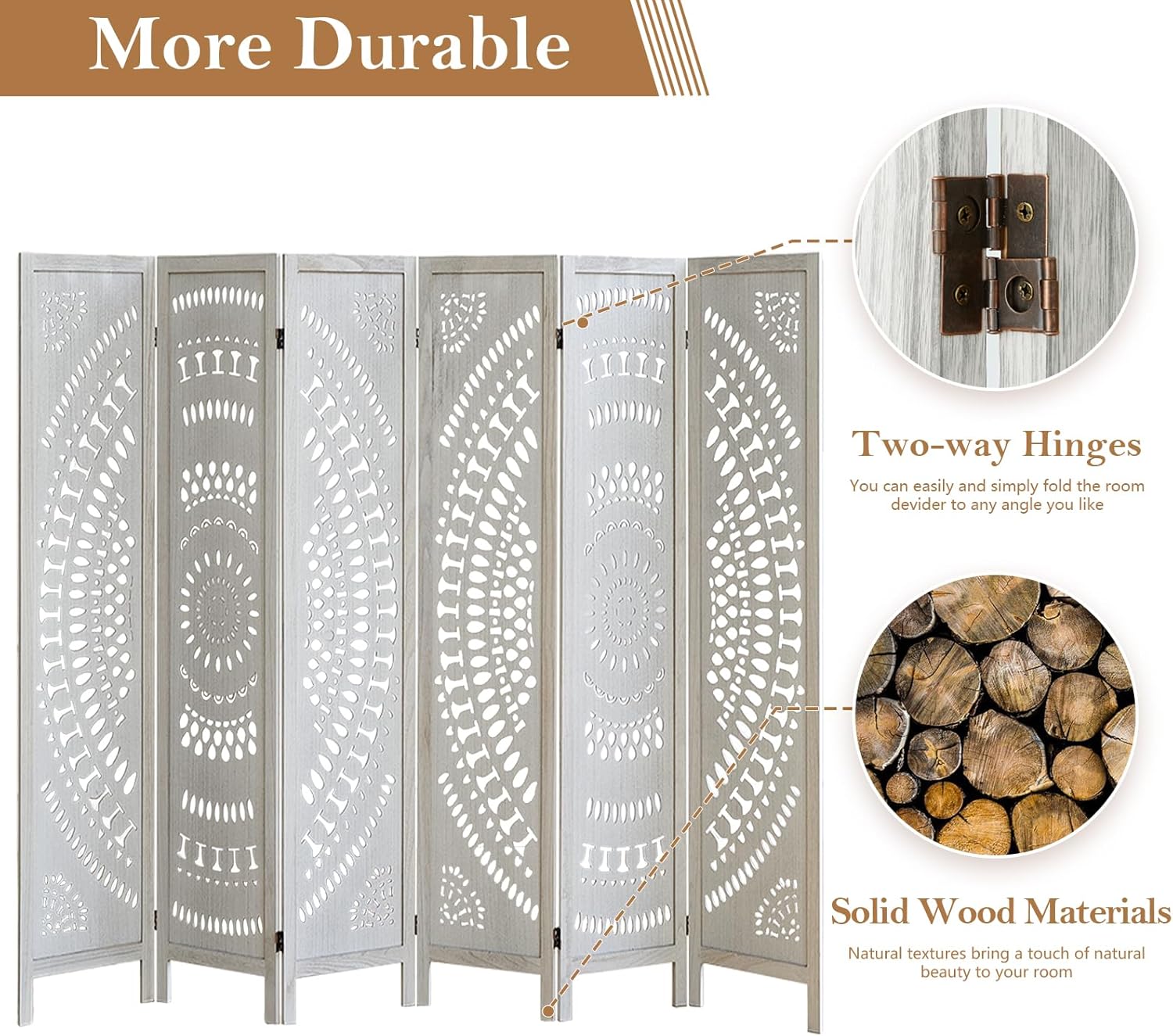 Room Dividers and Folding Privacy Screens, Boho 6 Panel Room Divider, 67" Room Divider Wall, Modern Room Partition, Privacy Dividers for Rooms, Bedroom, Office, White