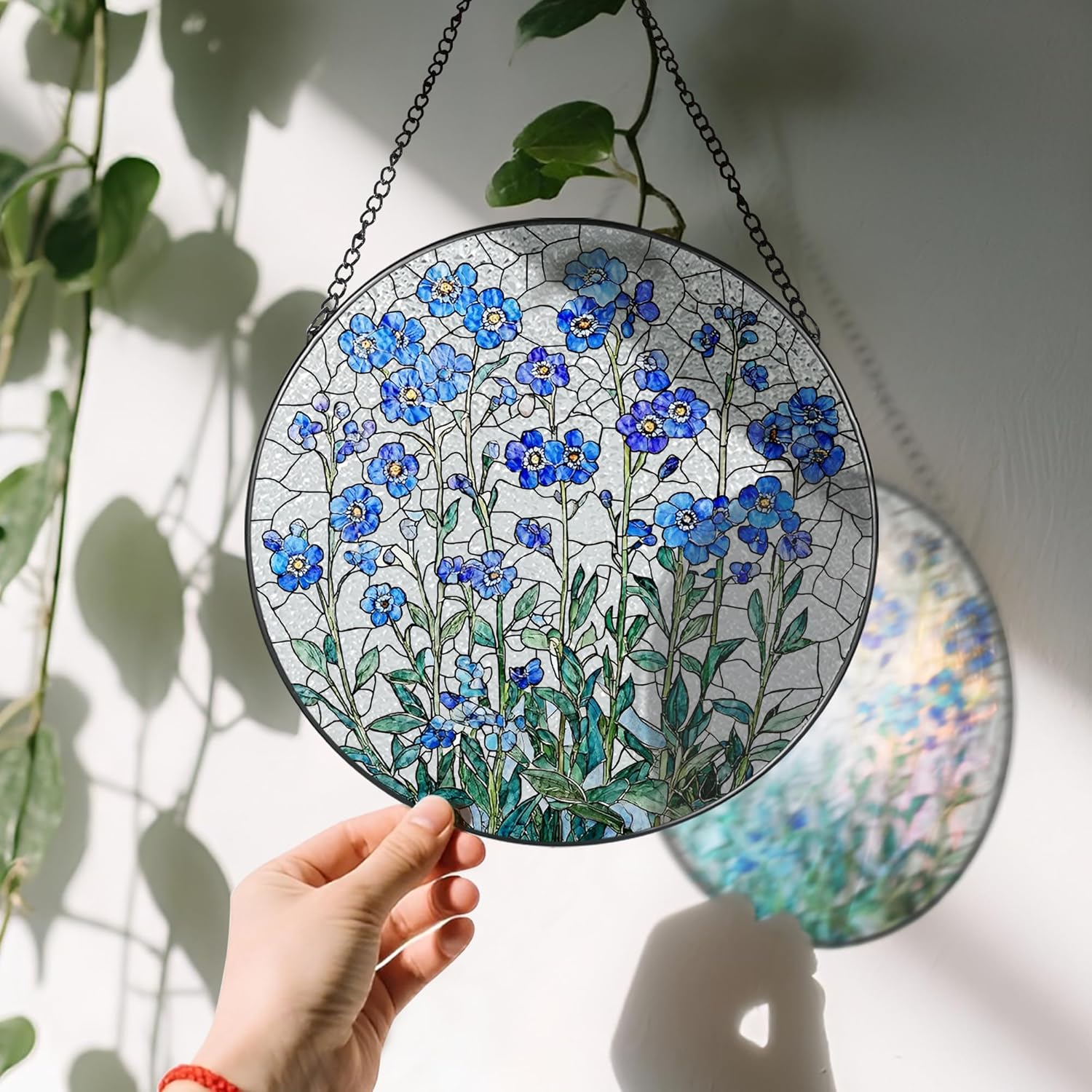 8 Inch Stained Glass Window Hanging, Forget Me Not Flower Stained Glass Suncatcher, Window Decor, Plant Lover Gift for Women, Forget Me Not Gifts for Couples, Best Friend, Family, Colleague, Classmate