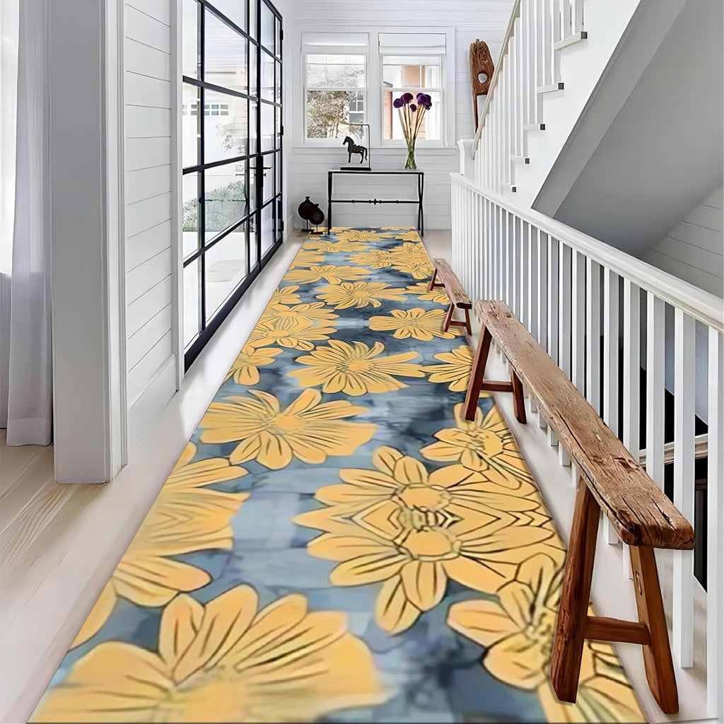 Yellow Chrysanthemum Long Hallway Rug Runners, 2x7ft, Modern Yellow Gray Print Carpets, Cozy Washable Durable Runner Rug, Non Skid Absorbent Non-Shedding Rugs for Family Entrance
