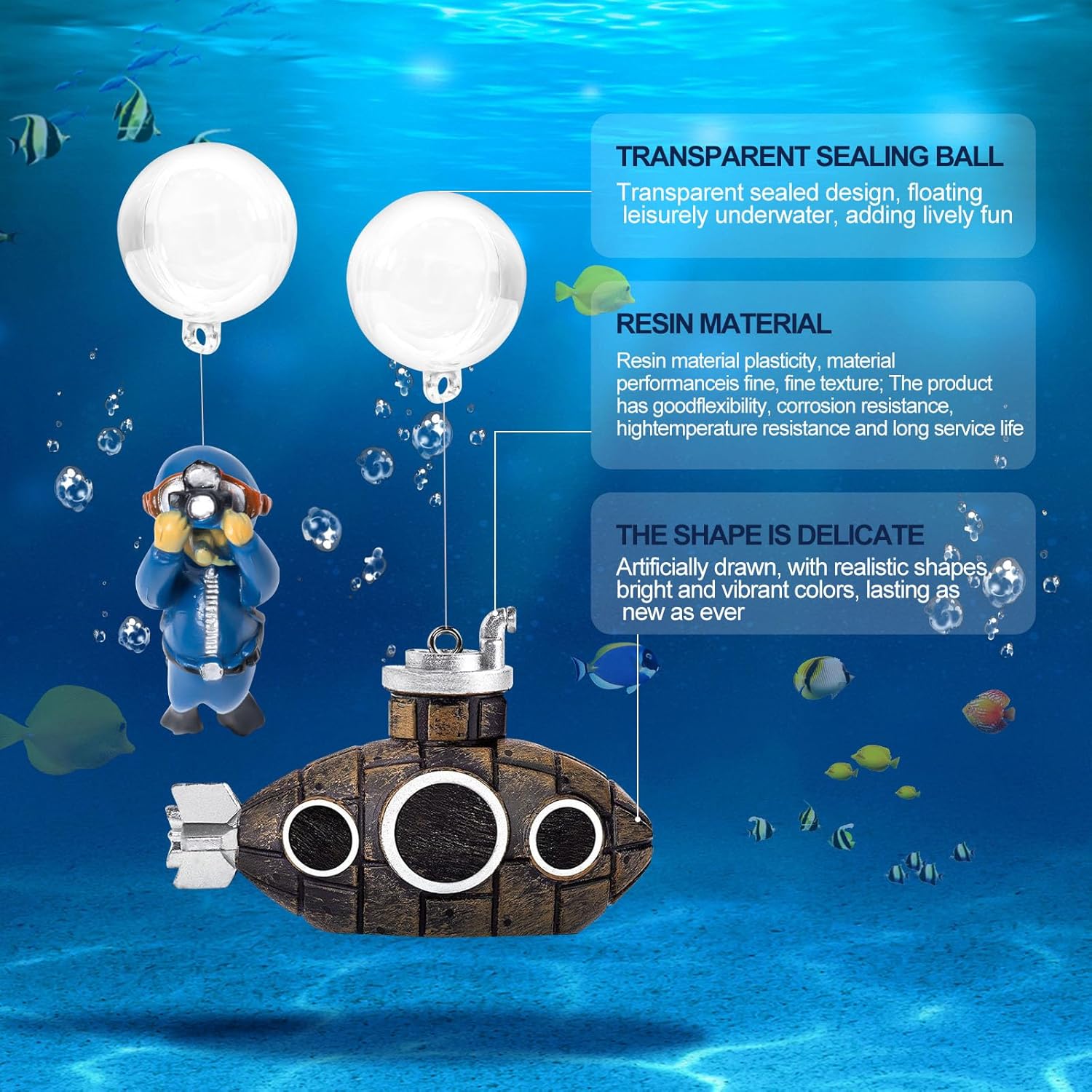 CousDUoBe 2.1 in Mini Floating Submarine Fish Tank Decoration Set，Cute Retro Submarine Set and Floating Diver,Aquarium Decorations Resinous Betta Fish Tank Accessories