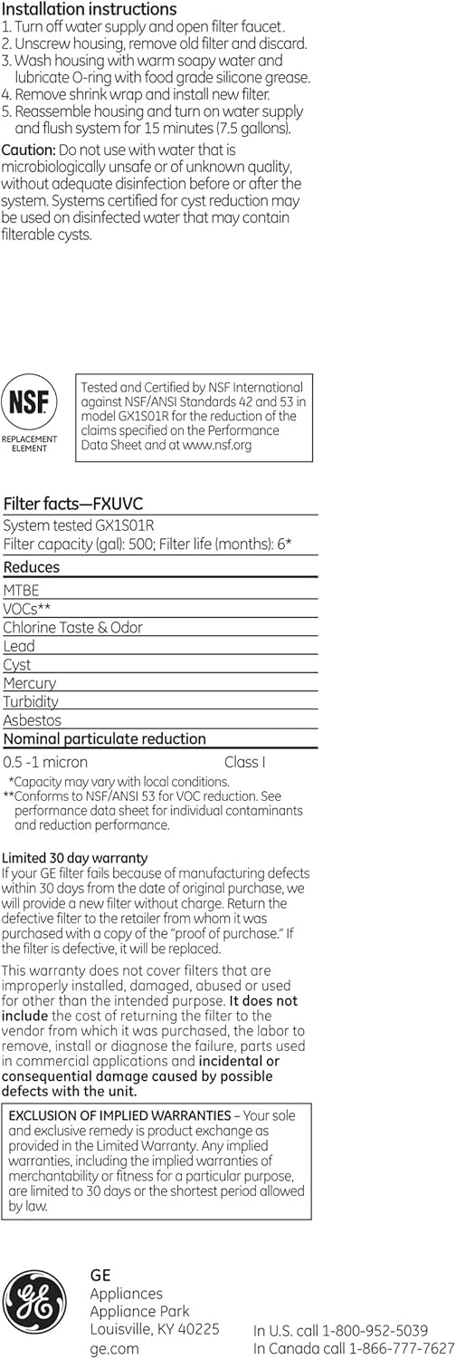 GE Premium Single Stage Drinking Water System Replacement Filter, Fits GX1S01R Under Sink Filtration System, Replace Every 6 Months, FXUVC | (Pack of 3)