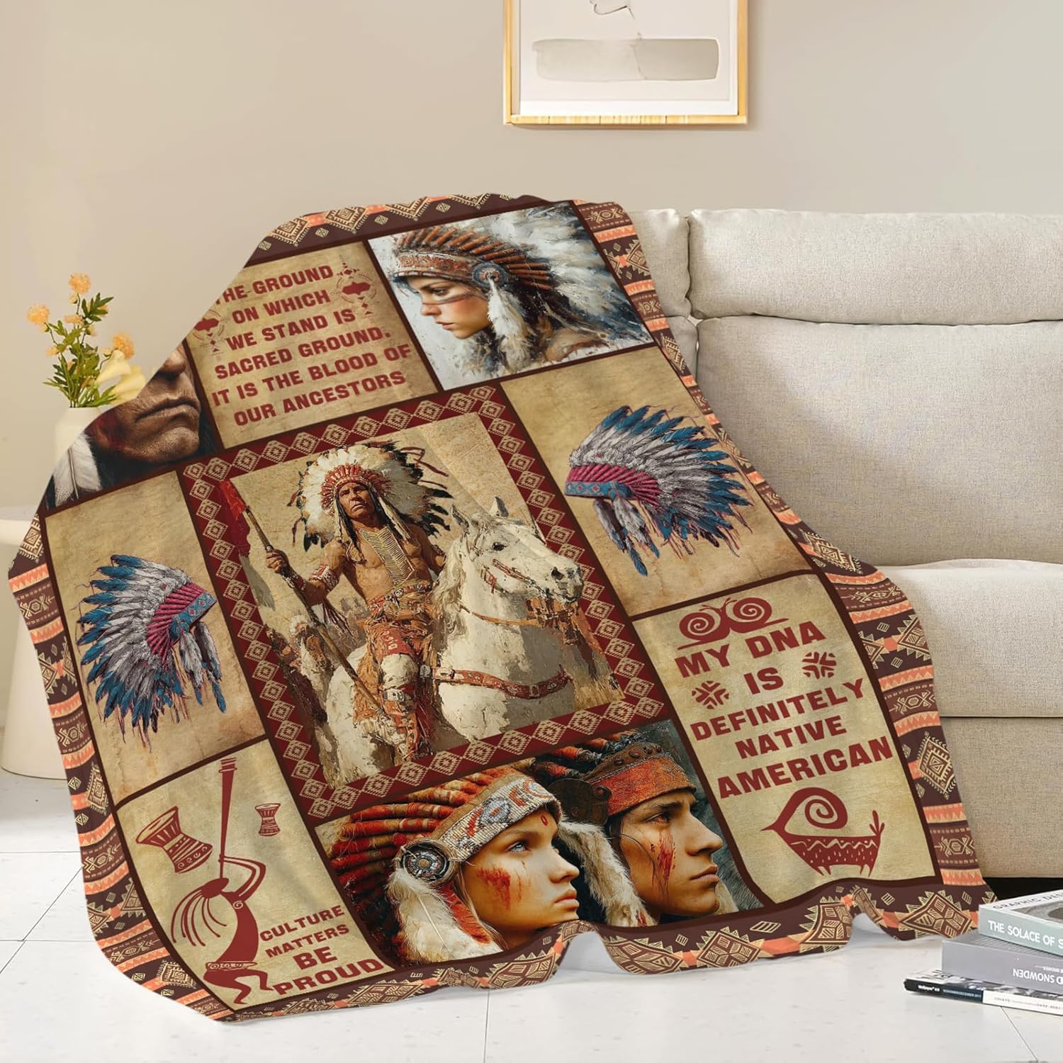 Native American Throw Blanket Indian Southwest Native American Cacique Stuff Gifts for Adults Women Men Soft Cozy Warm Plush Fluffy Fuzzy Fleece Blanket Decor 60''X80''
