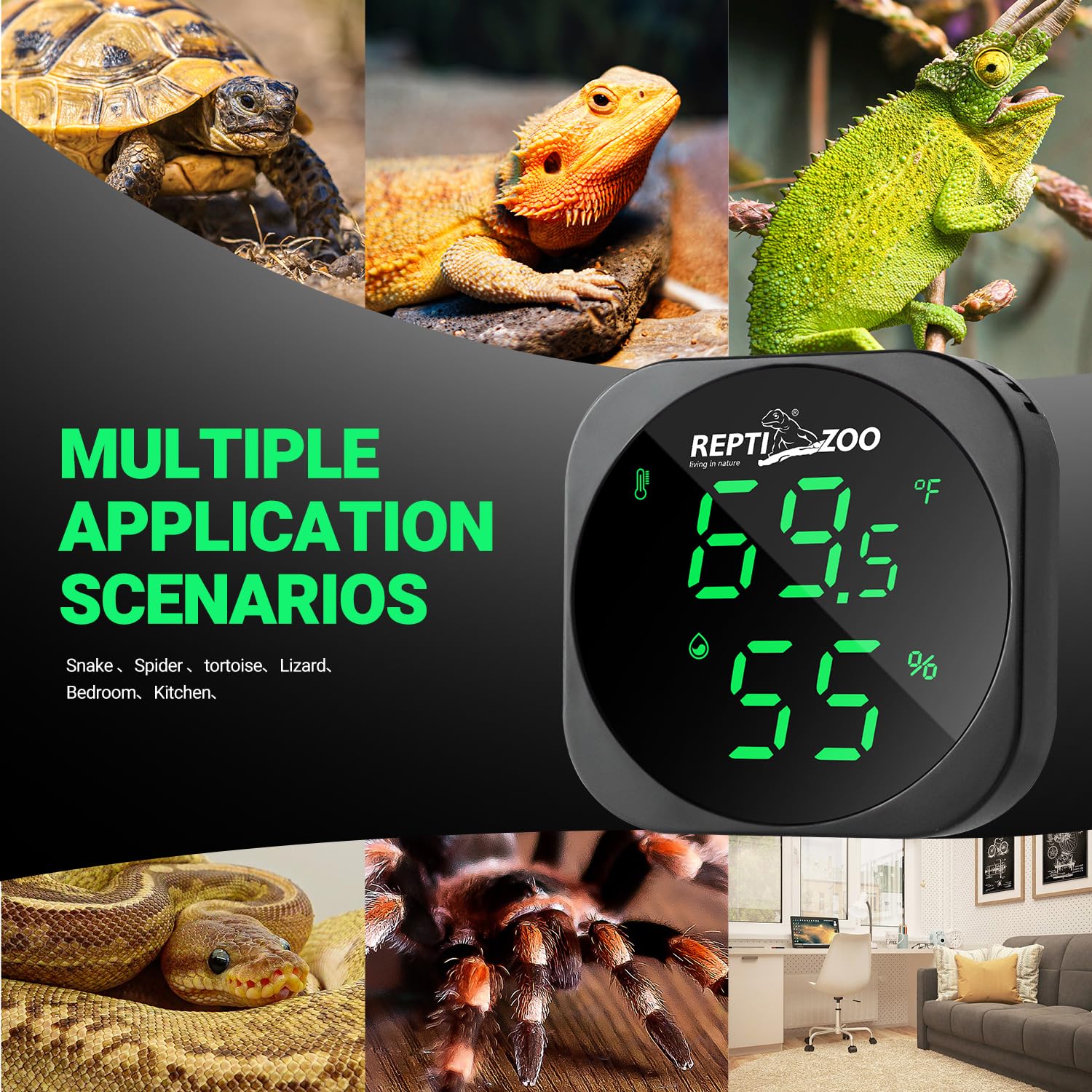 REPTI ZOO Thermometer Hygrometer, LED Digital Thermo Hygrometer for Reptile Terrarium Pet Rearing Box, Reptile Tank Thermometer with 55.2" Cable USB Power Supply