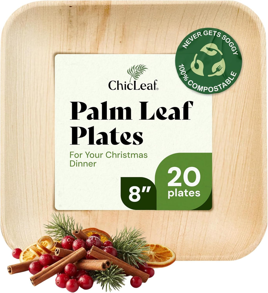 Chic Leaf Palm Leaf Disposable Bamboo Plates - Square Party Plates for Weddings, Christmas Dinner, Parties, Event Appetizers, Turkey - Biodegradable & Compostable - Party Supplies (8", 20 Pack)
