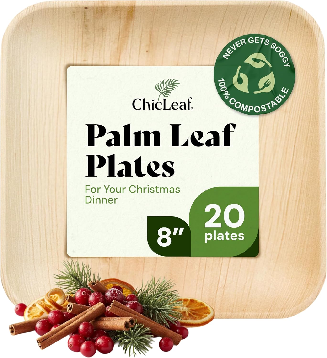 Chic Leaf Palm Leaf Disposable Bamboo Plates - Square Party Plates for Weddings, Christmas Dinner, Parties, Event Appetizers, Turkey - Biodegradable & Compostable - Party Supplies (8", 20 Pack)