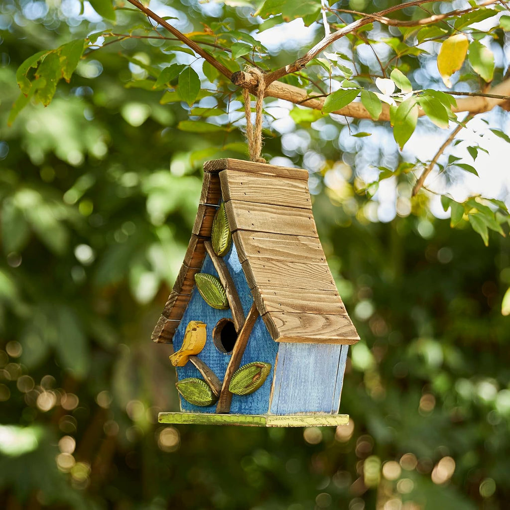 Glitzhome 9.5" H Hanging Bird House for Outdoor Patio Garden Decorative Pet Cottage Distressed Wooden Birdhouse with Natural Wood Slatted Roof and 3D Tree,Washed Blue