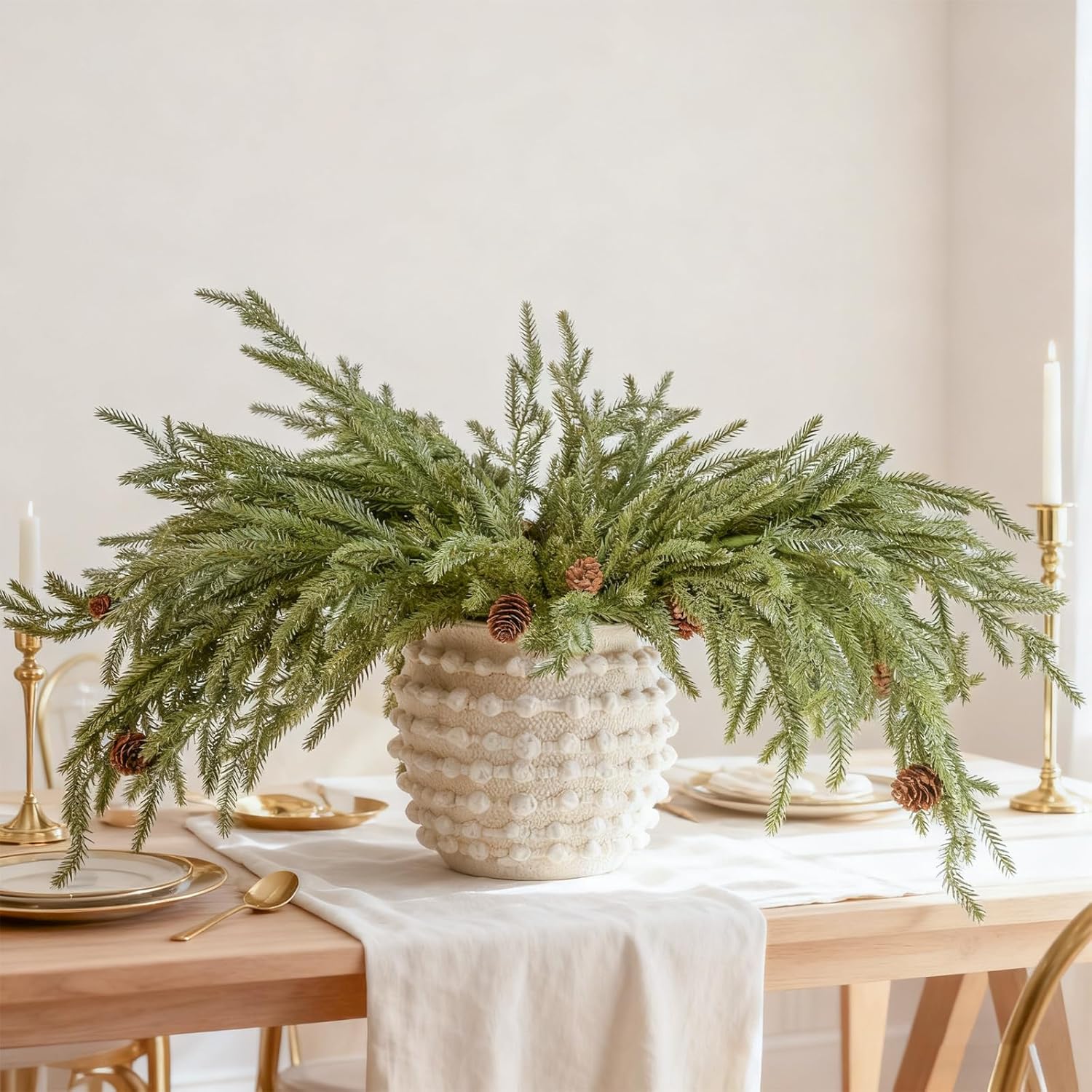 DN DECONATION Artificial Christmas Norfolk Pine Stems, Faux Pine Branches with Cones 35.4" 6PCS - Greenery Fake Pine Needles for Vase Arrangements, Winter, Holiday Indoor Outdoor Home Decor