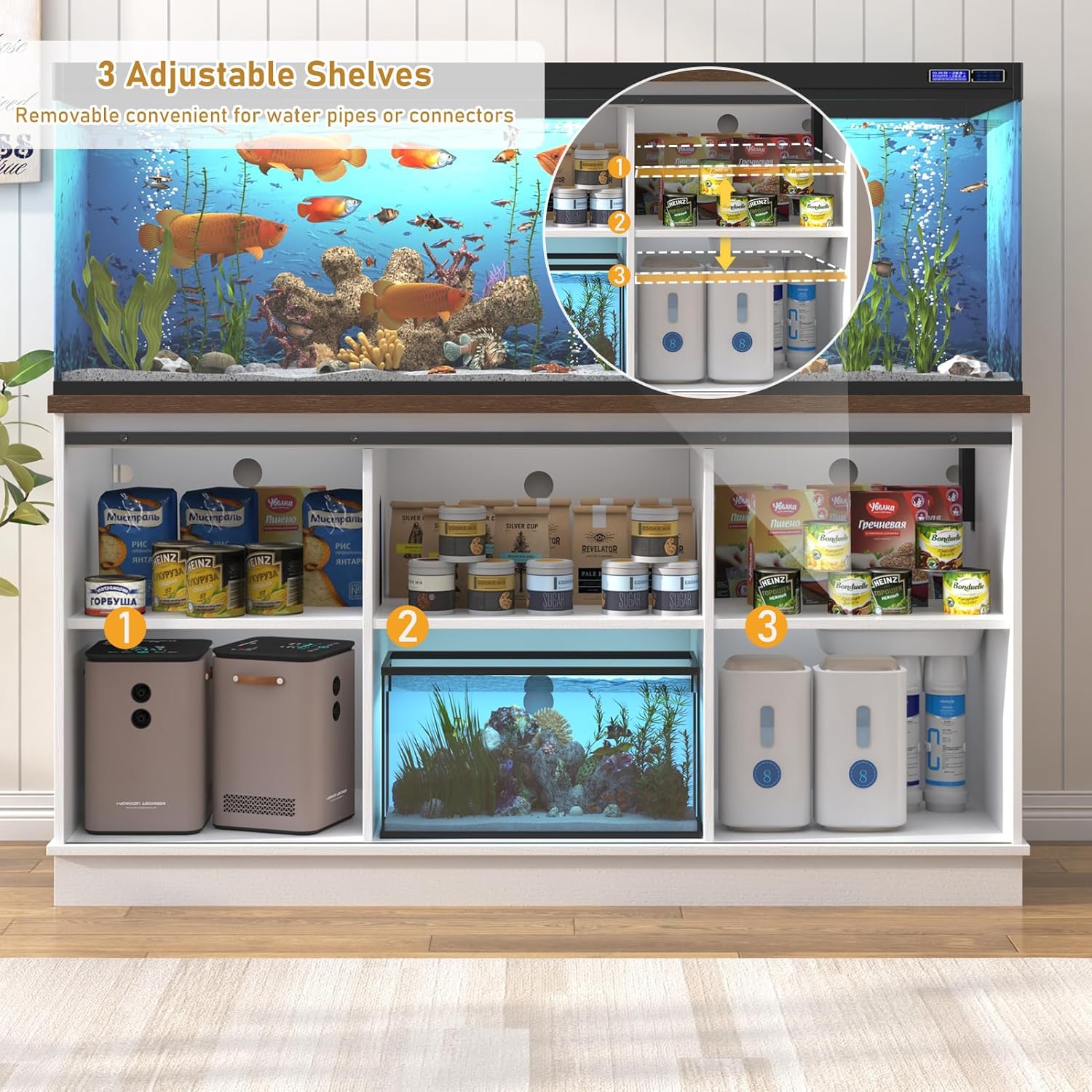 Farmhouse 75-120 Gallon Fish Tank Stand with Power Outlet, Aquarium Stand w/Cabinet&Sliding Barn Door, Heavy Duty Reptile Tank Stand for Fish/Turtle/Reptile Terrarium, 1000LB Capacity, White