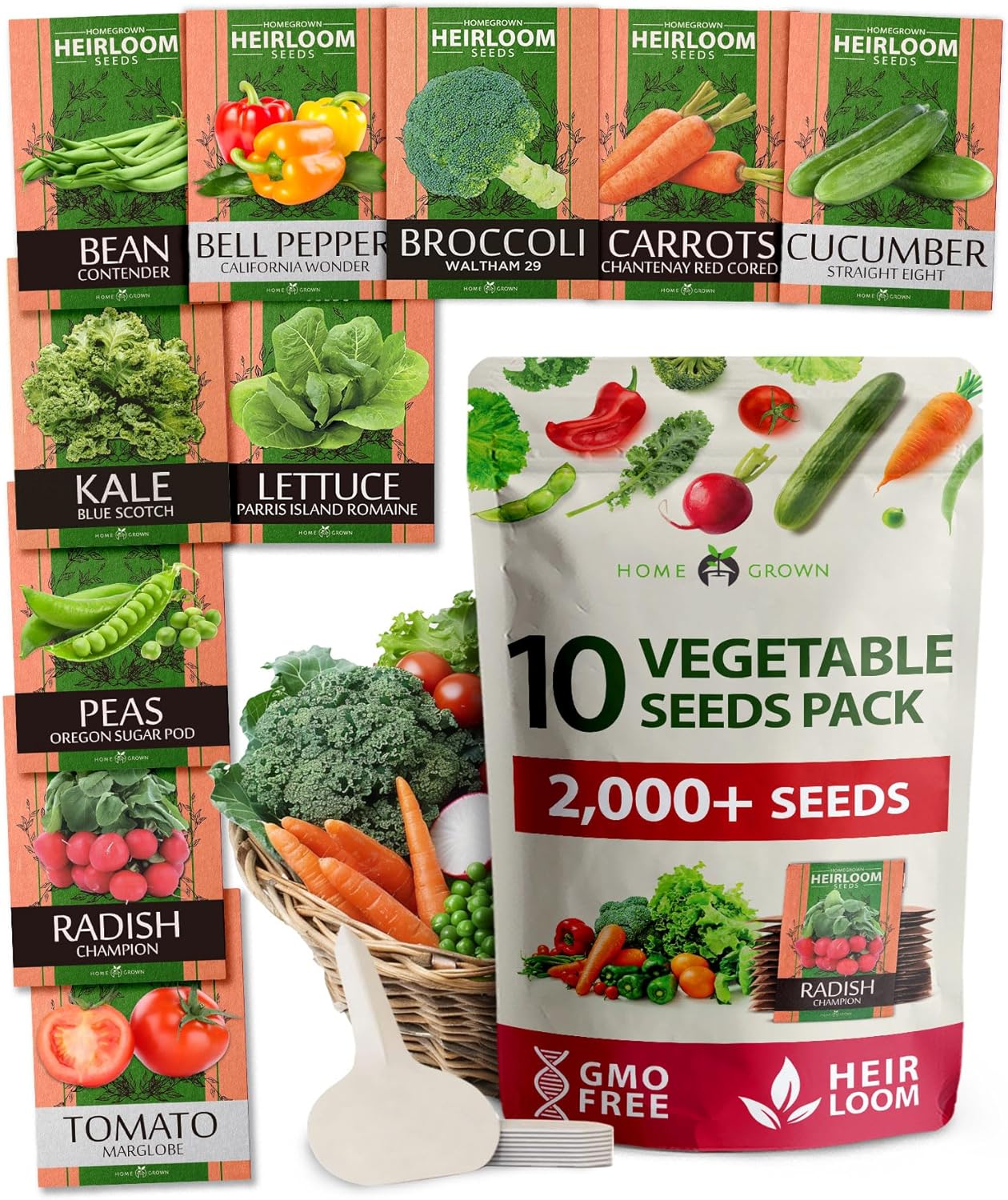 HOME GROWN Premium USA-Grown Vegetable Seeds - 10 Variety Pack with 2,000+ Non-GMO Heirloom Seeds for Planting - Garden Vegetable Seeds for Indoor & Outdoor Planting - Survival Seed Vault Kit