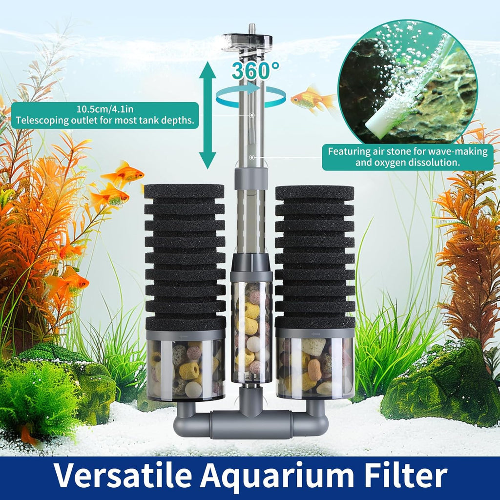 Dual Sponge Aquarium Filter, Air-Powered, 10–40 Gal – Ultra-Quiet Bio-Sponge Filtration | Freshwater & Saltwater | Easy Setup