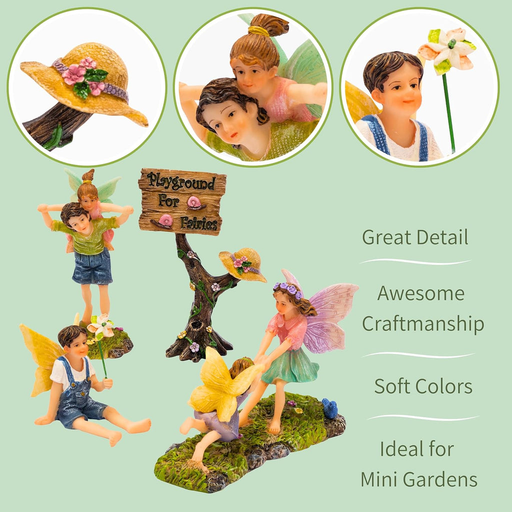 PRETMANNS Fairies for Fairy Garden - Accessories Kit for Indoor Outdoor Miniature Garden – Boy & Girl Figurines with a Cute Sign – 4-Piece Colorful Playground Set