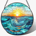 Stained Glass Window Hanging, Pauyadu 8 Inch Beach Stained Glass Suncatcher, Window Decoration Hanging, Sunrise Lover Gift, Natural Gift, Beach Home Decor, Gifts for Family, Friends, Colleagues