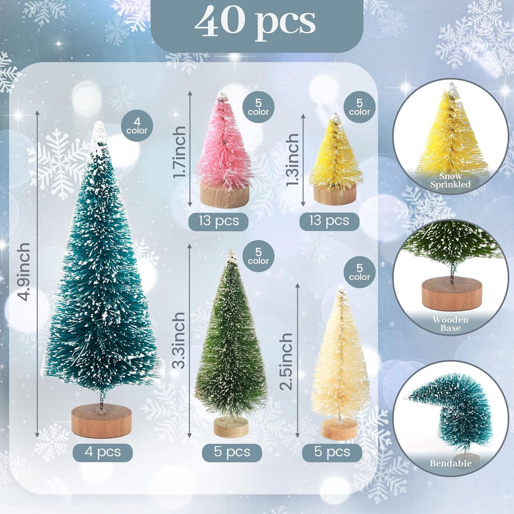 LOVEINUSA 40PCS Colorful Mini Christmas Trees, Snow Frosted Sisal Trees Colored Bottle Brush Xmas Trees with Wooden Base for Xmas Winter Home Table Decoration
