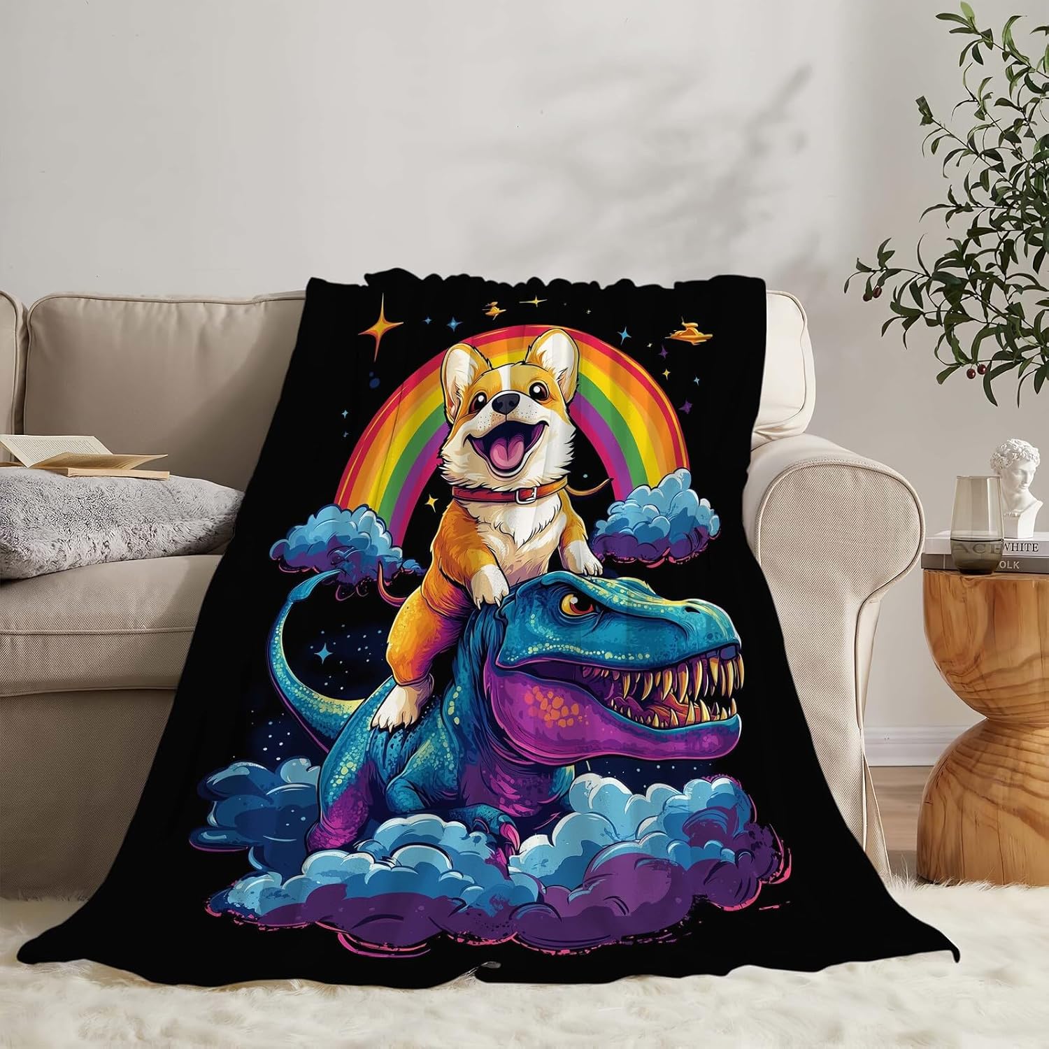 Corgi Blanket Funny Cartoon Corgi Dinosaur Throw Blanket Gifts for Corgi Lovers Girls Boys Kids Men Women Adults Super Soft Cozy Plush Fluffy Fuzzy Fleece Blanket Home Decor 60''X80''