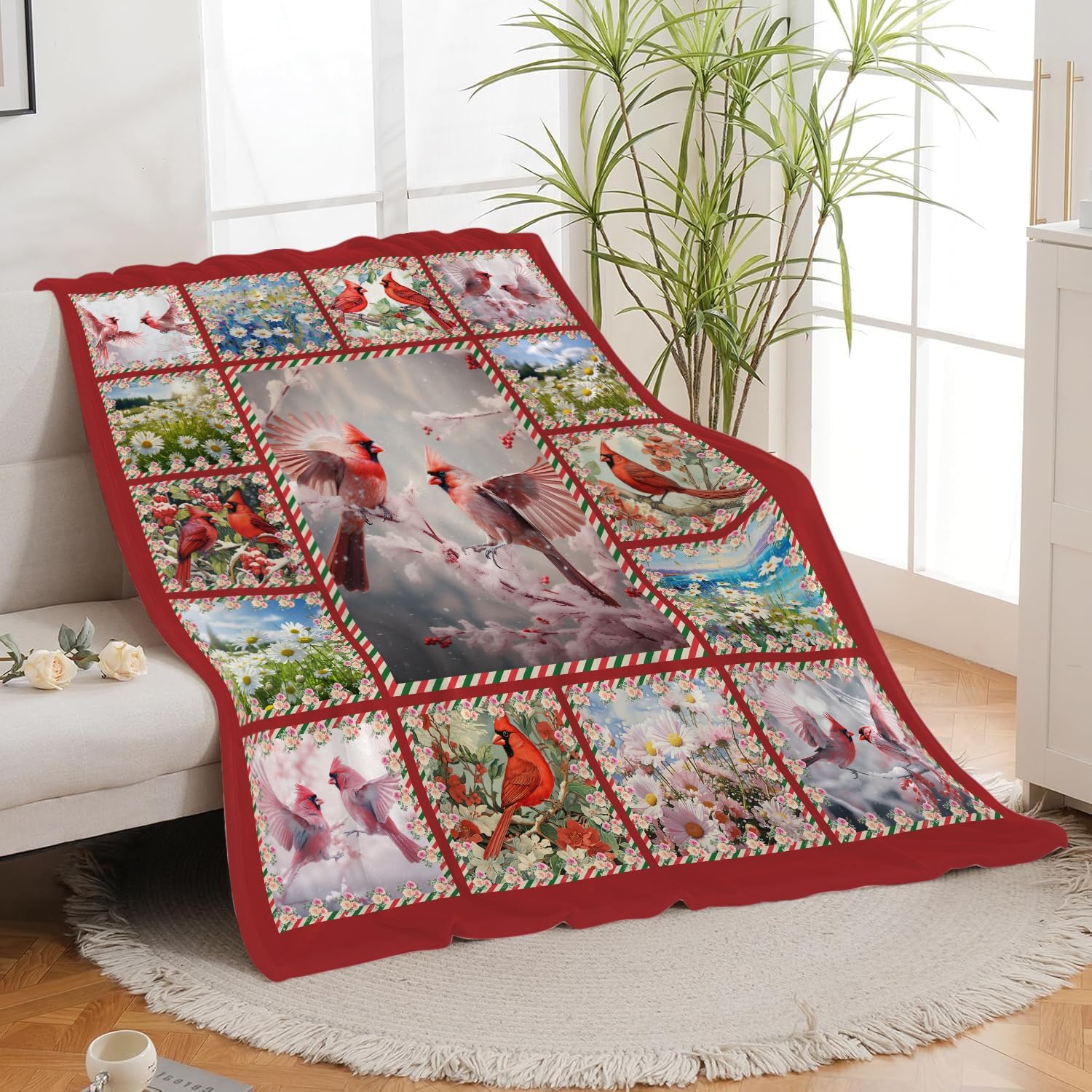 Cardinal Blanket Red Birds Throw Blanket Gifts for Women Men Boys Girls Kids Adults Super Soft Cozy Plush Fluffy Fuzzy Fleece Blanket Home Decor 60''X80''