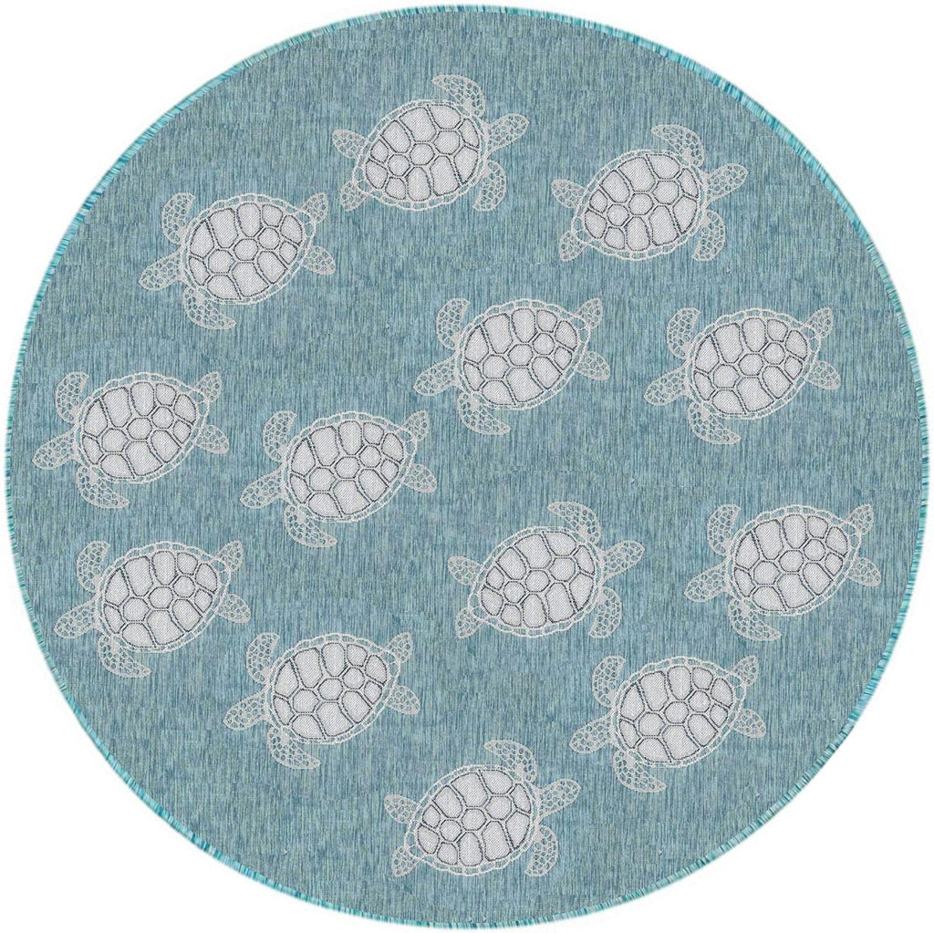 Liora Manne CARMEL Indoor/Outdoor Power Loomed Synthetic Blend Low Profile Area Rug - Transitional Coastal Turtle Decorative (Seaturtles Aqua) (7'10" Round)