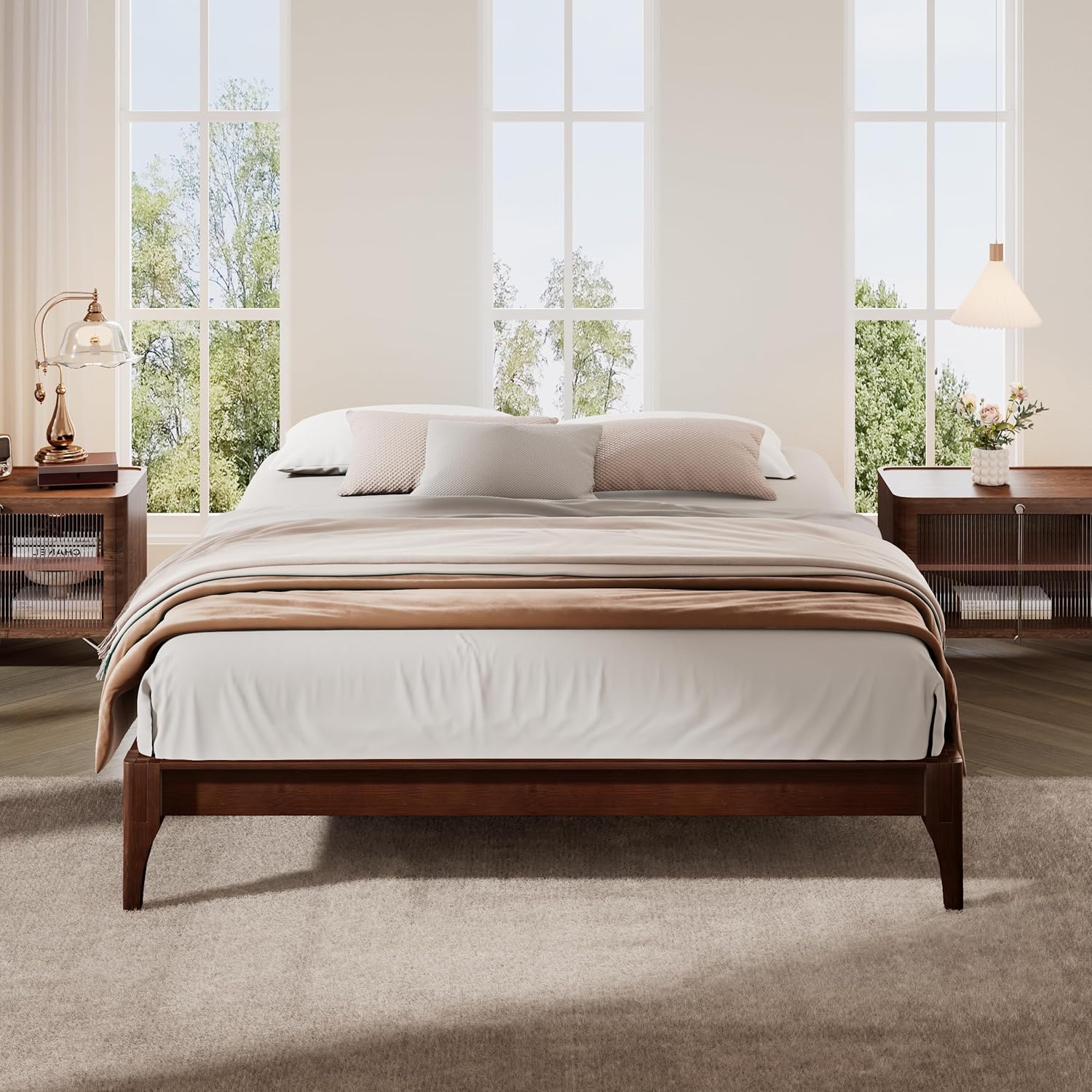 Merax Queen Size Bamboo Wood Platform Bed with No Headboard, Under Bed Storage, Wood Slat Support, No Box Spring Needed, Easy Assembly, Chocolate