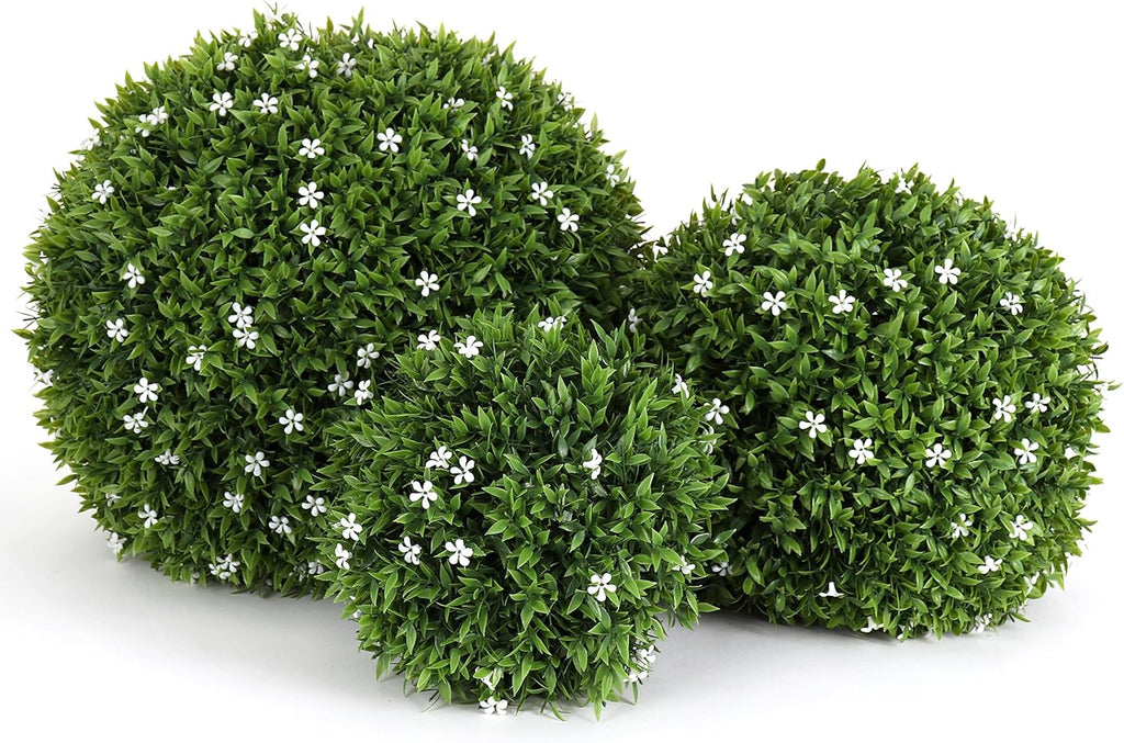 3rd Street Inn Topiary Ball Assortment - Artificial Plant Set - Indoor/Outdoor Wedding Party Decor - Faux Foliage Garden Sphere - Tree and Bush Substitute (15", 11", 7" (White Flower))