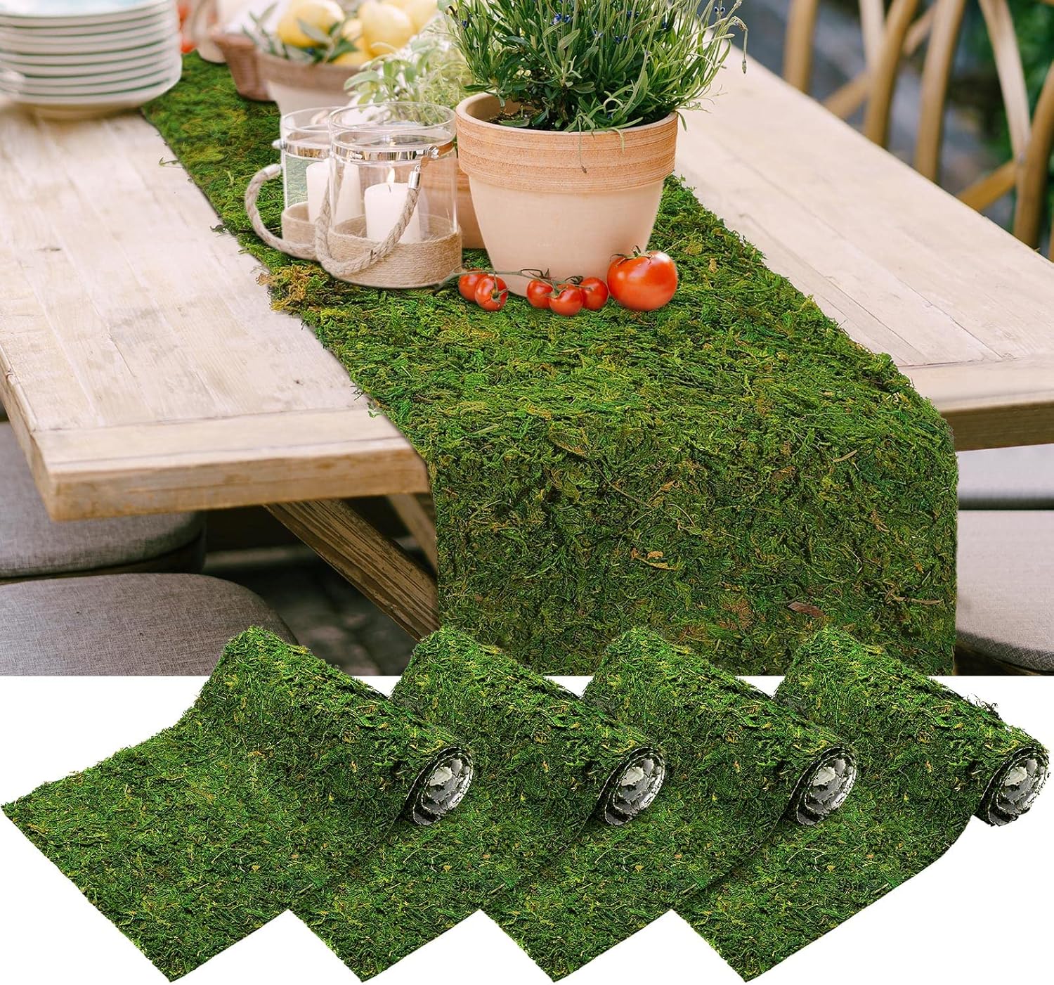 Jutom 4 Rolls Dried Moss Table Runner 12 x 40 Inch Preserved Sheet Moss Mat Artificial Green for Crafts Party Wedding Garden Decor
